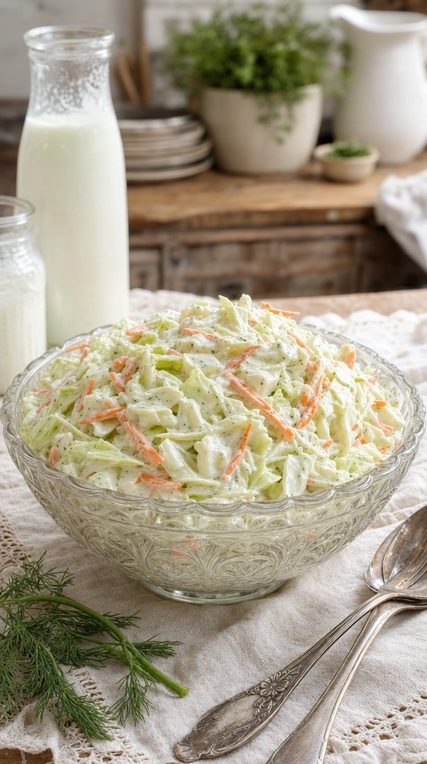 Southern sweet vinegar coleslaw with shredded cabbage and carrots in a rustic bowl on a summer BBQ picnic table.