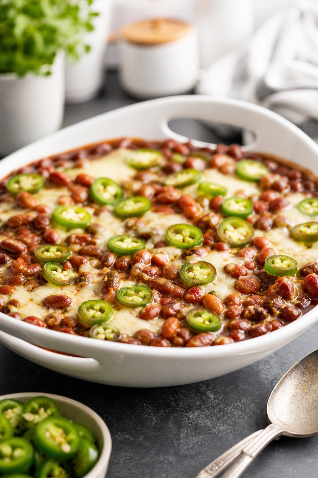 Spicy jalapeño Dr Pepper baked beans topped with melted pepper jack cheese and fresh peppers in a white ceramic bowl.