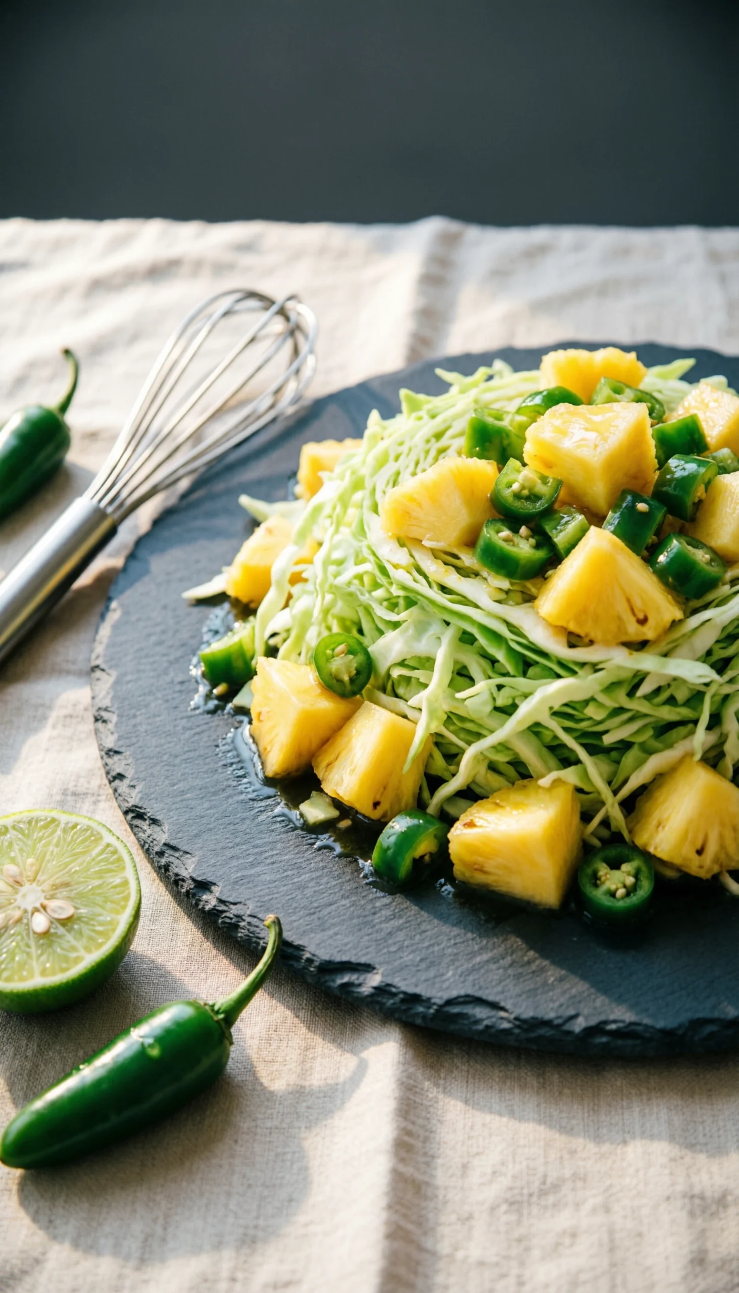 Spicy jalapeรฑo pineapple coleslaw with fresh green peppers and golden fruit chunks served on a dark slate platter.