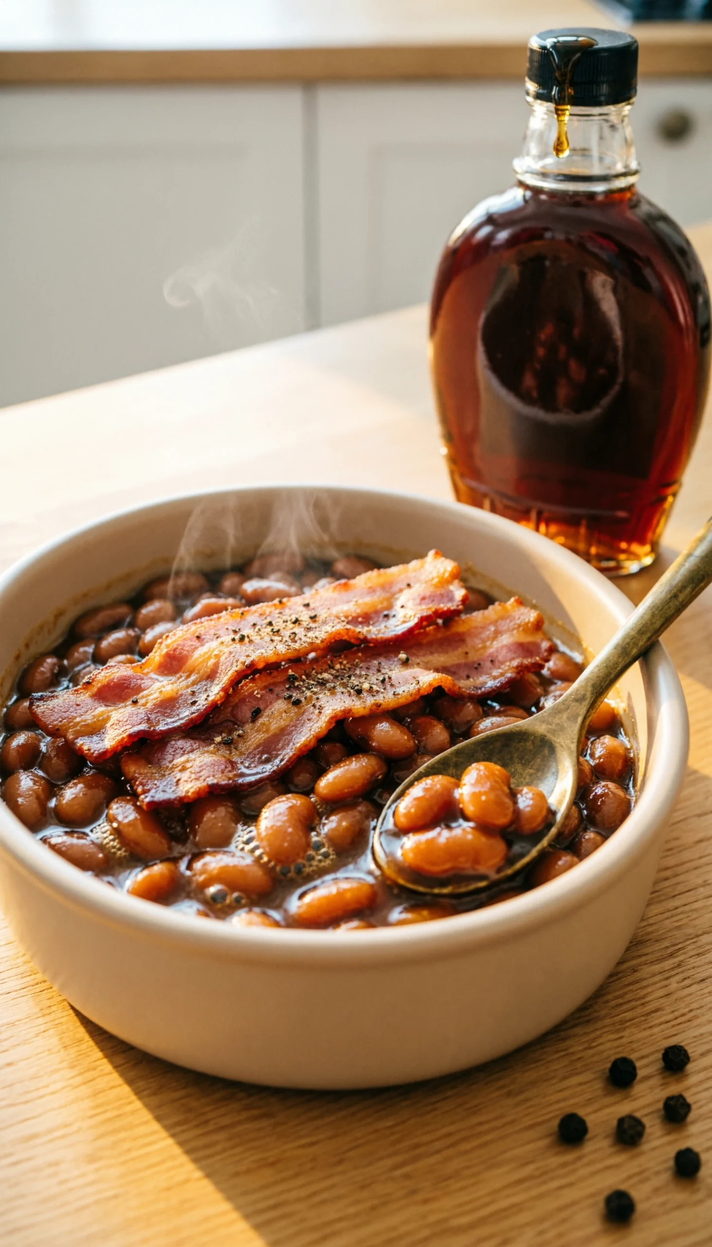 Spicy maple baked beans topped with crispy thick-cut bacon in a ceramic dish on a rustic wooden dining table.