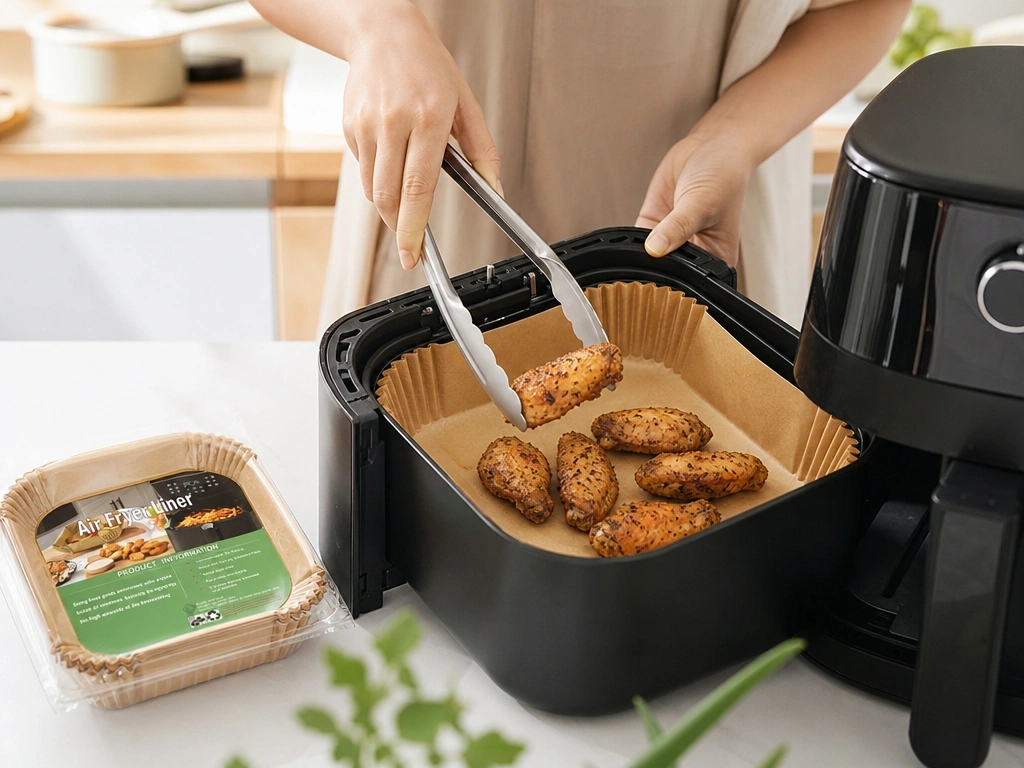Testing setup showing the Zoeon liner inside an air fryer basket filled with sticky chicken wings, alongside a digital thermometer