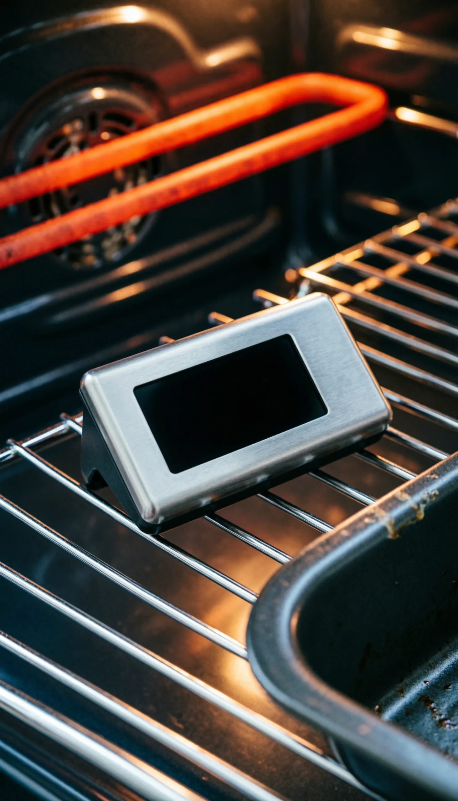 Stainless steel digital oven thermometer on a chrome rack inside a warm glowing oven for precise roasting temperature.