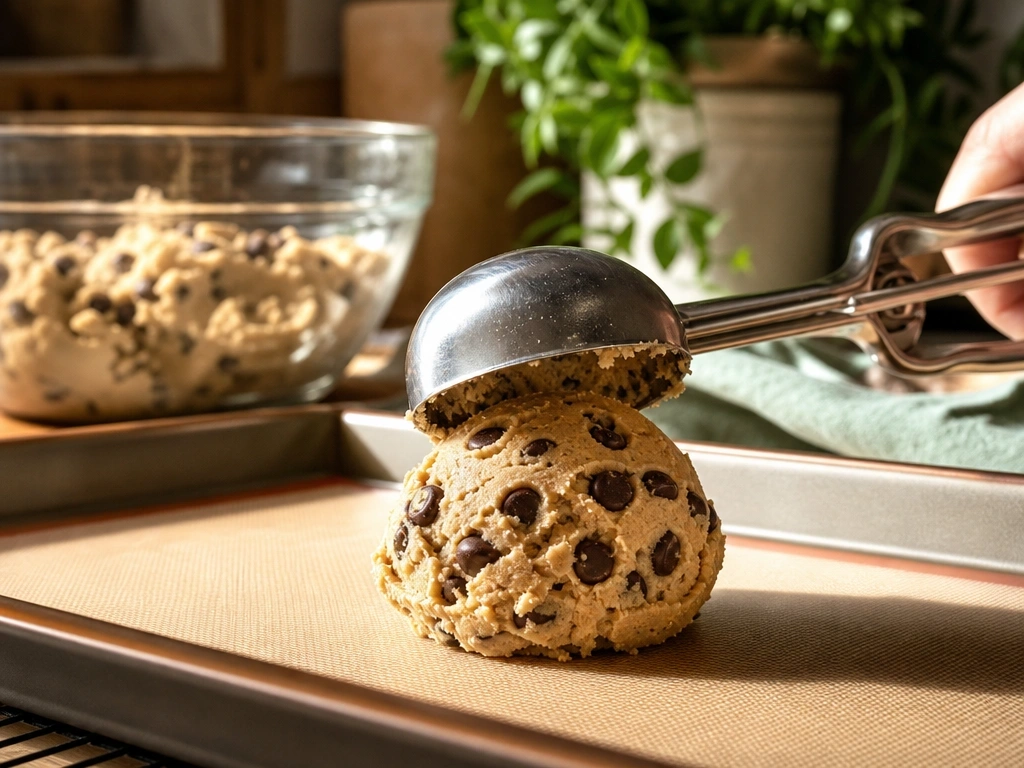 Stainless steel scoop portioning a large chocolate chip cookie dough ball onto a silicone baking mat for uniform sizes.