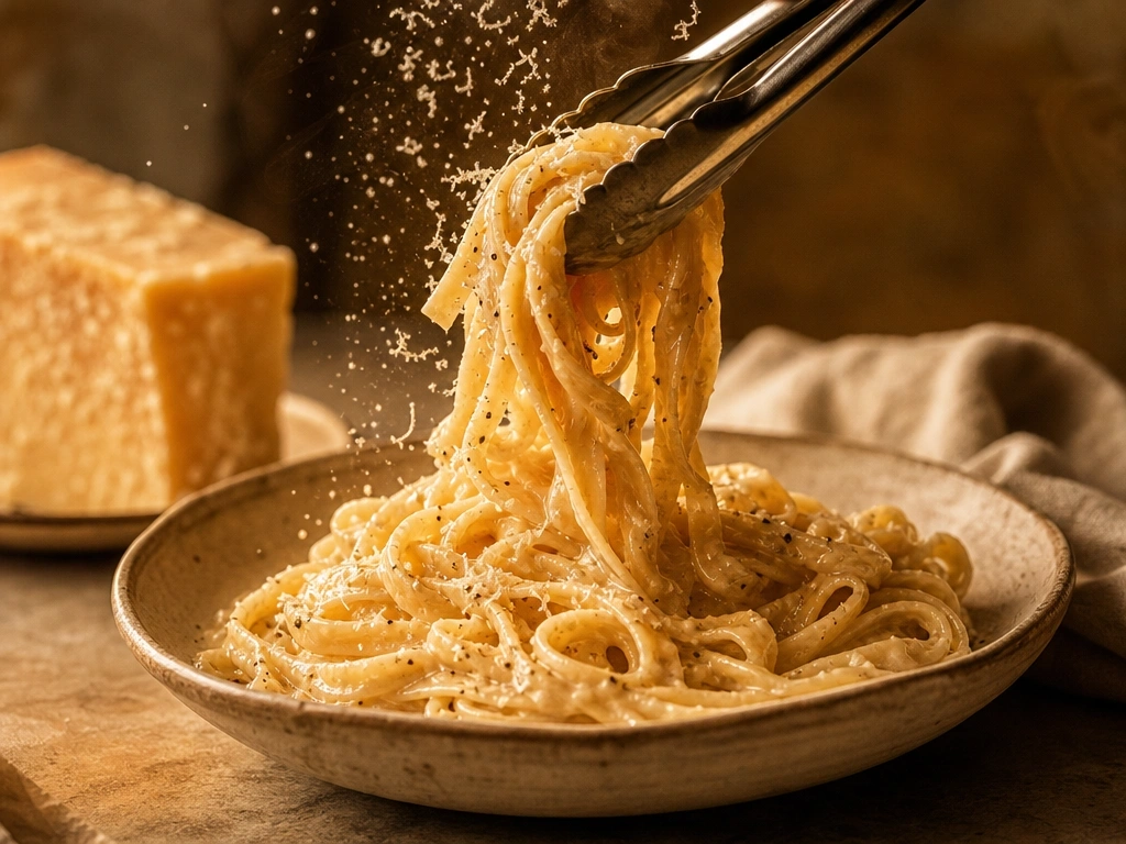 Steaming Roman fettuccine Alfredo pasta tossed with tongs in a glossy butter and parmesan cheese sauce on a plate.