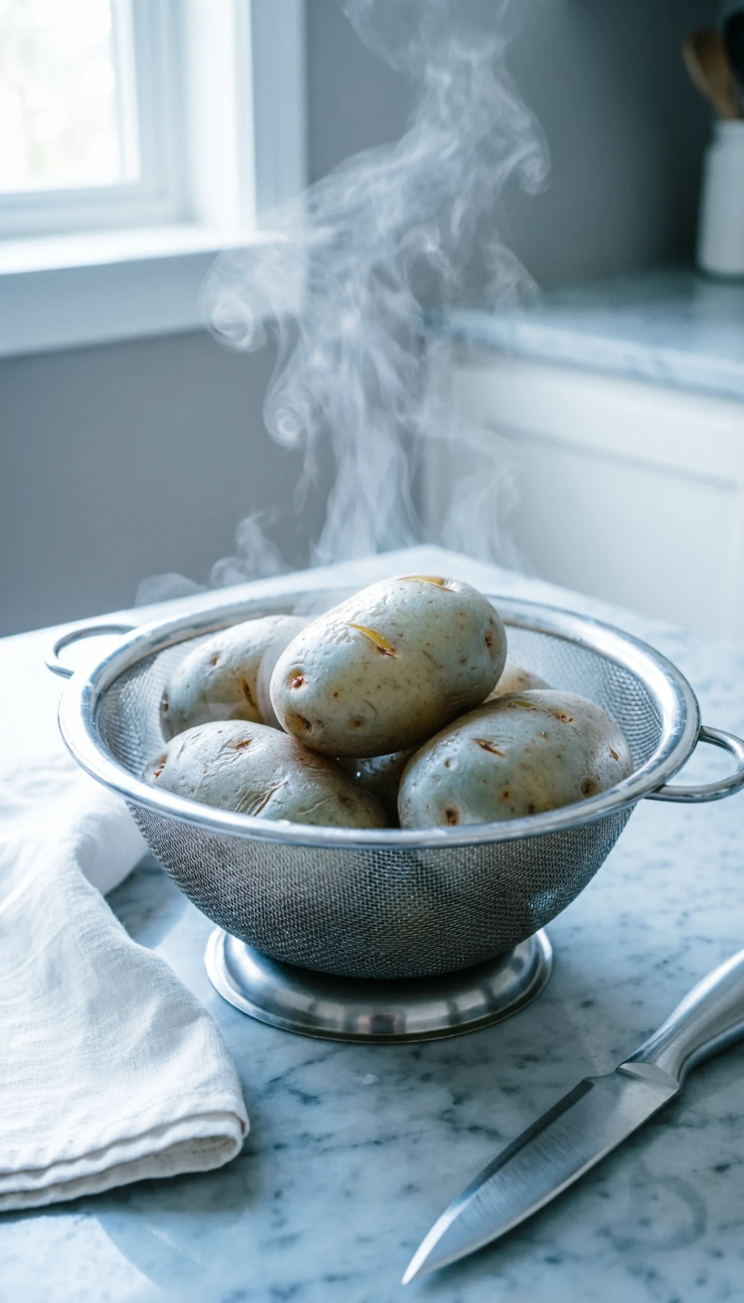 Steaming boiled potatoes cooling in a stainless steel colander on a marble countertop with a soft linen dish towel.