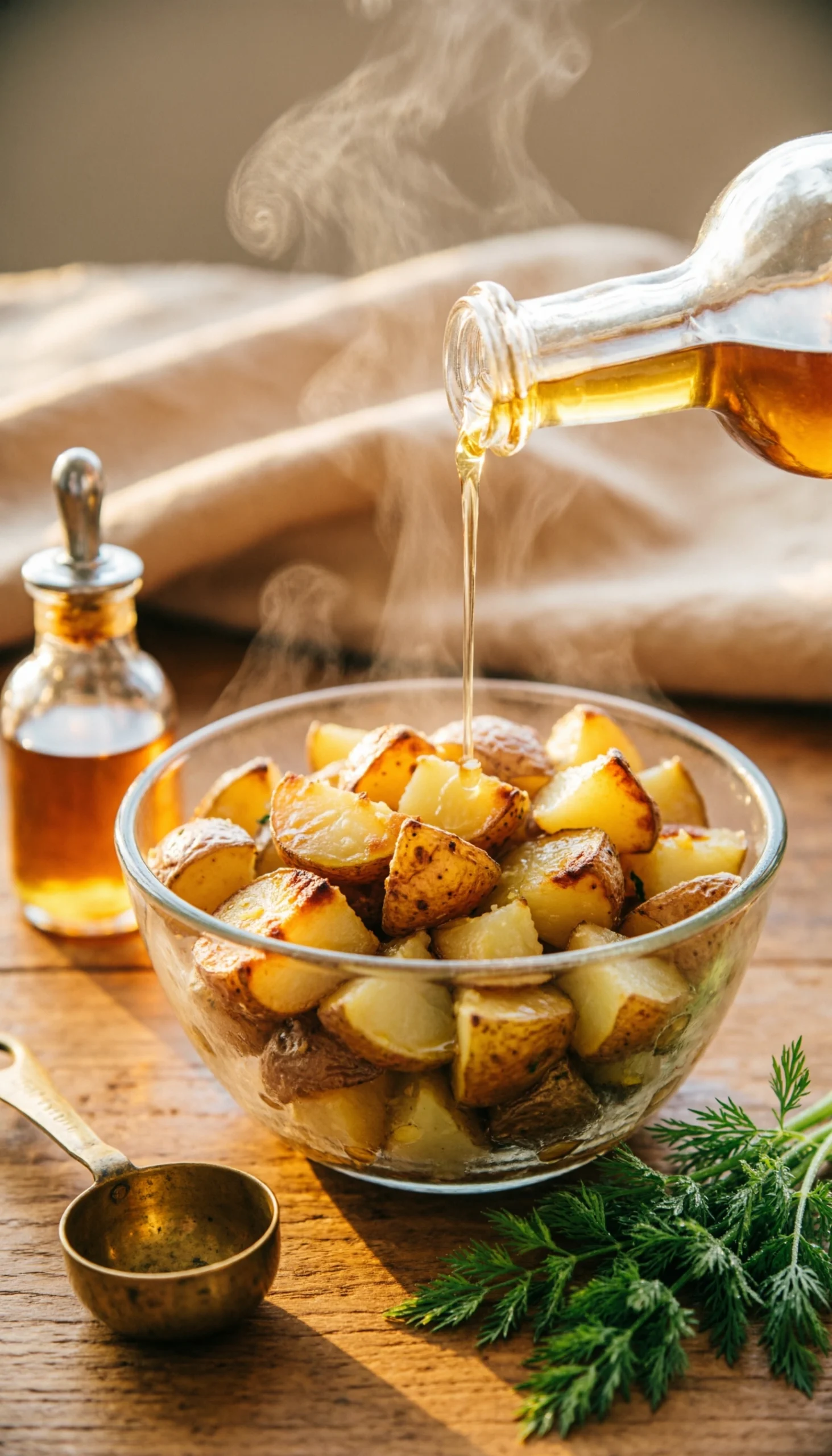 Steaming diced potatoes in a glass bowl are seasoned with golden apple cider vinegar and fresh dill on a rustic wooden table.