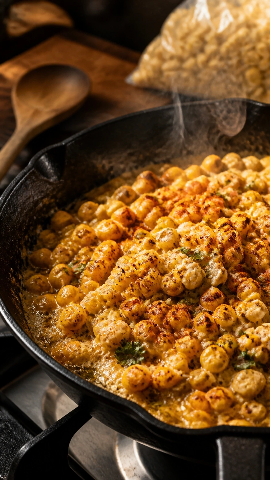 Steaming esquites made from frozen corn, golden and caramelized with creamy sauce and Mexican spices, sizzling in a hot skillet.
