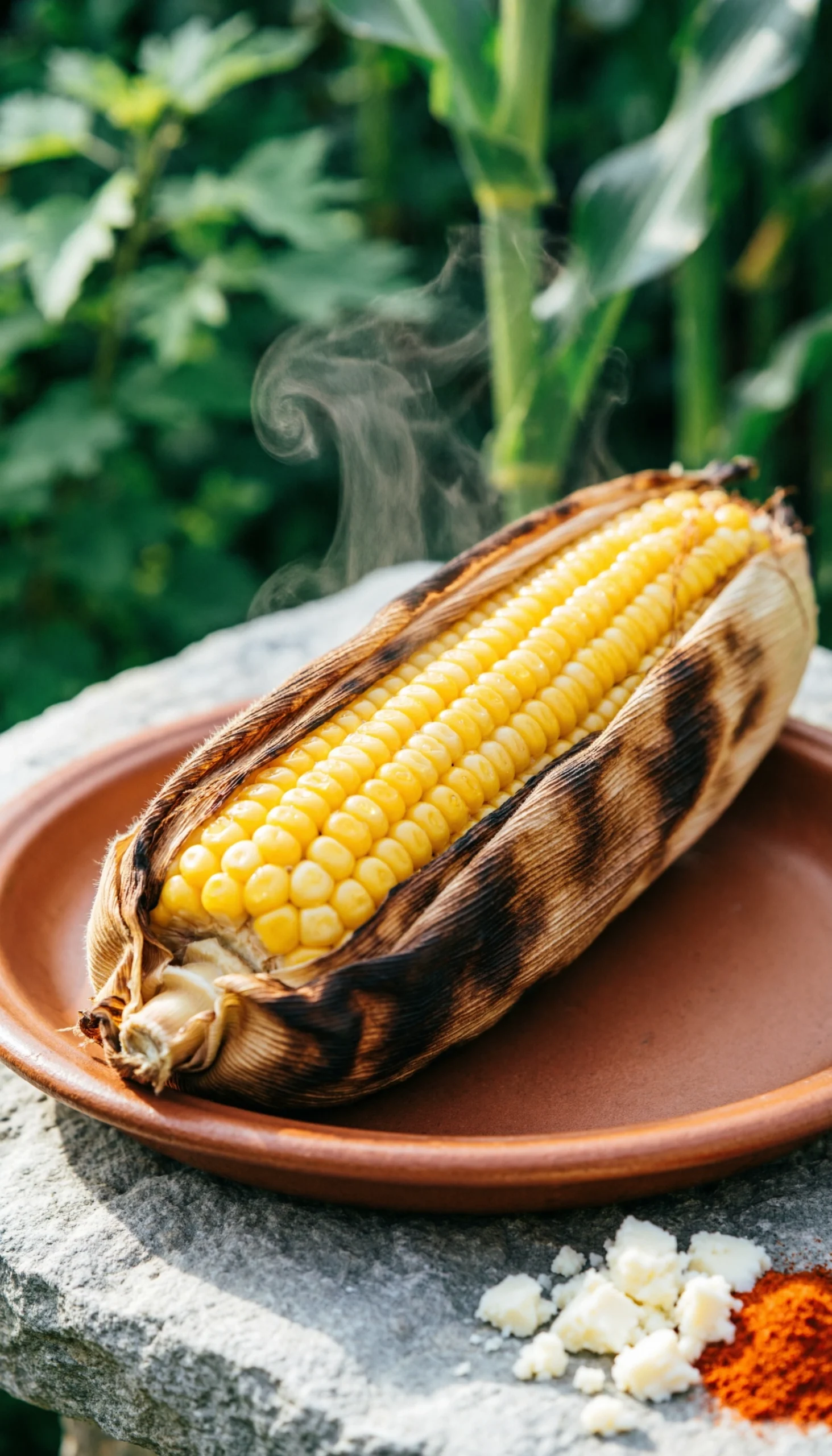 Steaming grilled corn in the husk, with charred husks peeled back to reveal vibrant kernels on a vintage ceramic plate.