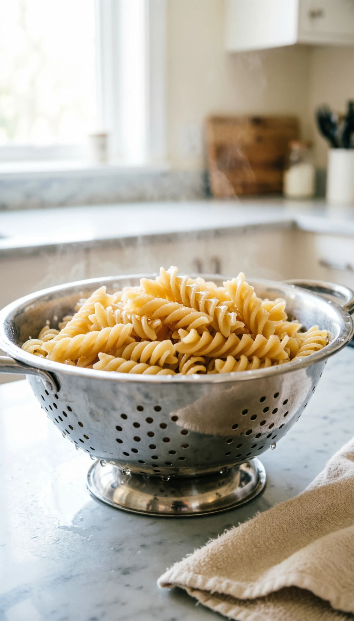 Steaming hot al dente cavatappi pasta drains in a professional stainless steel colander on a marble countertop.