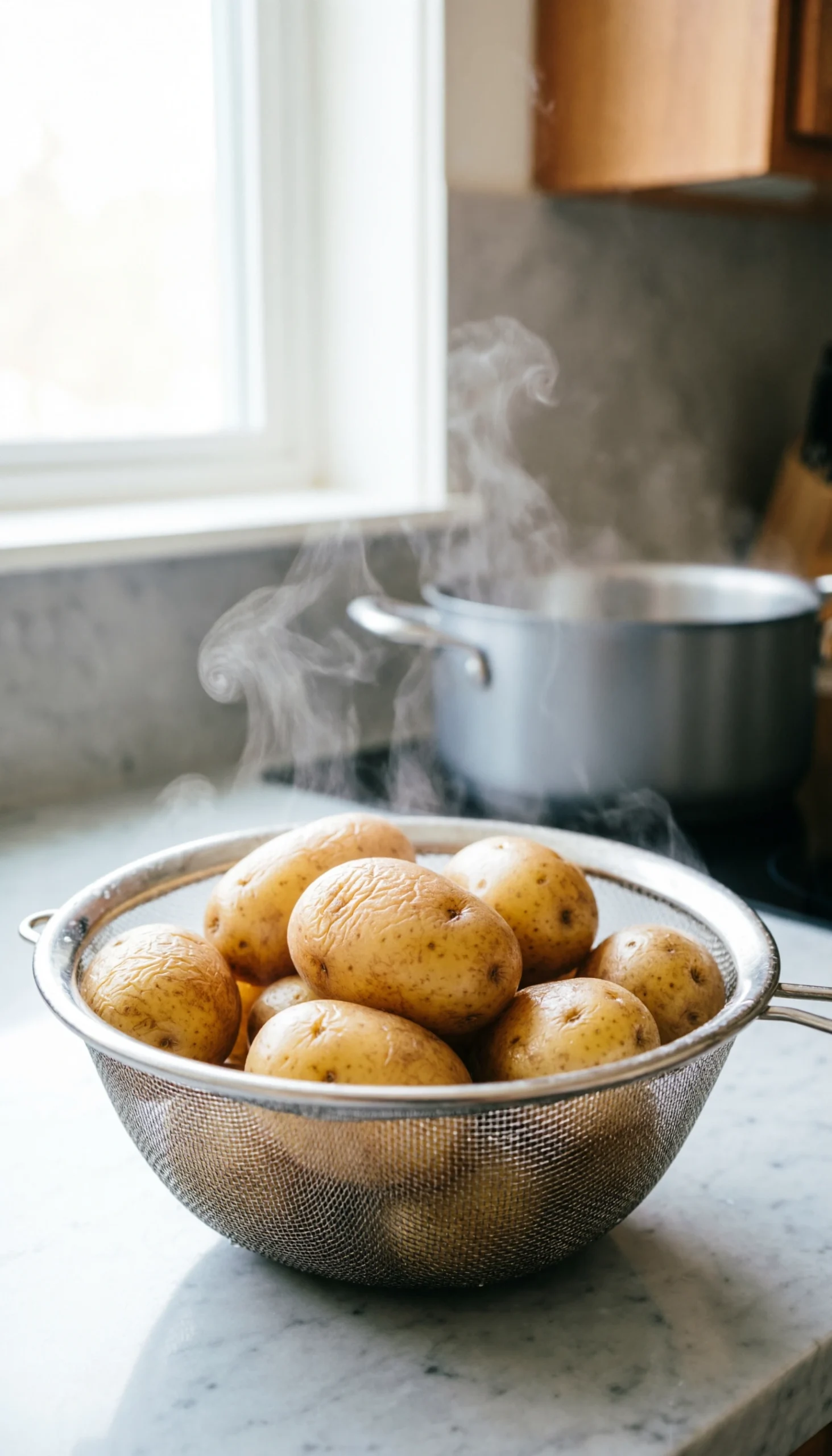 Steaming parboiled baby potatoes in a fine mesh strainer over a kitchen sink on a white marble countertop.