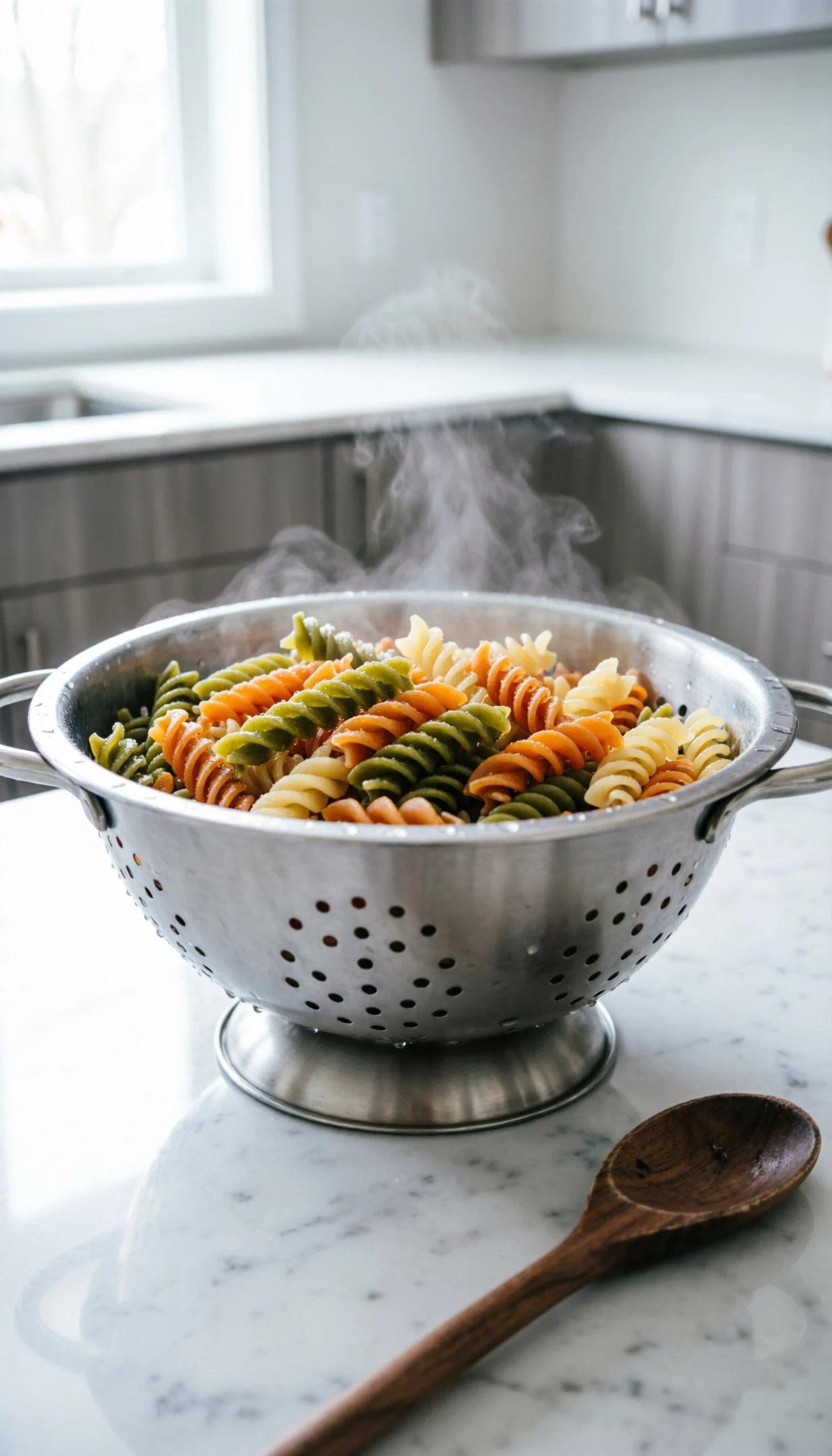 Steaming tri-color rotini pasta draining in a stainless steel colander on a marble kitchen countertop.