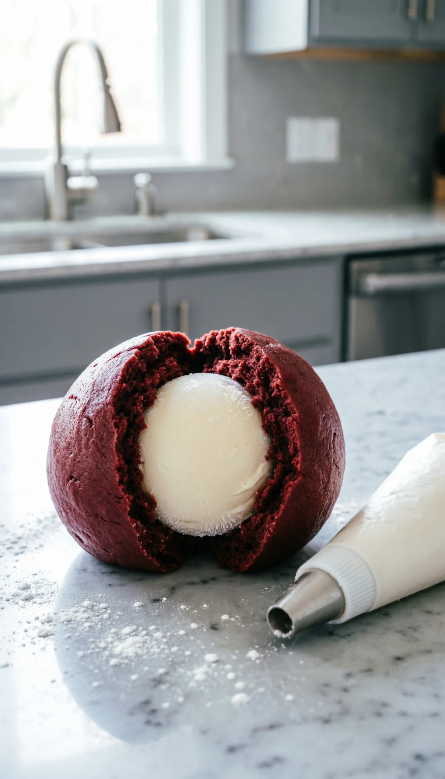 Stuffed red velvet cookie dough revealing a creamy cheesecake filling on a marble countertop for gourmet baking.