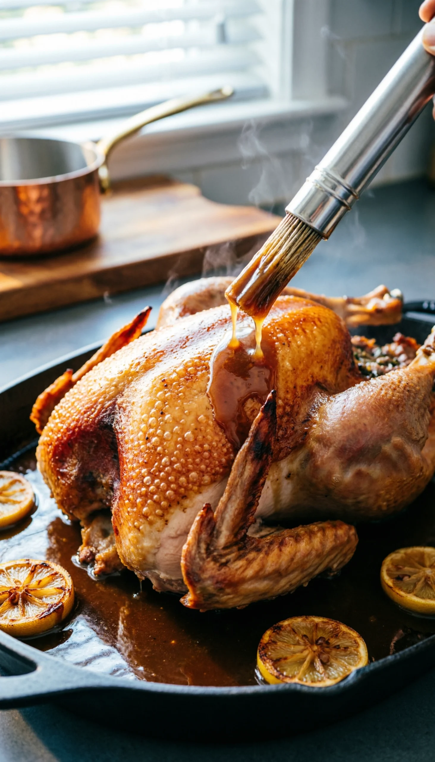 Succulent golden-brown turkey being basted with savory juices using a stainless steel baster in a roasting pan.