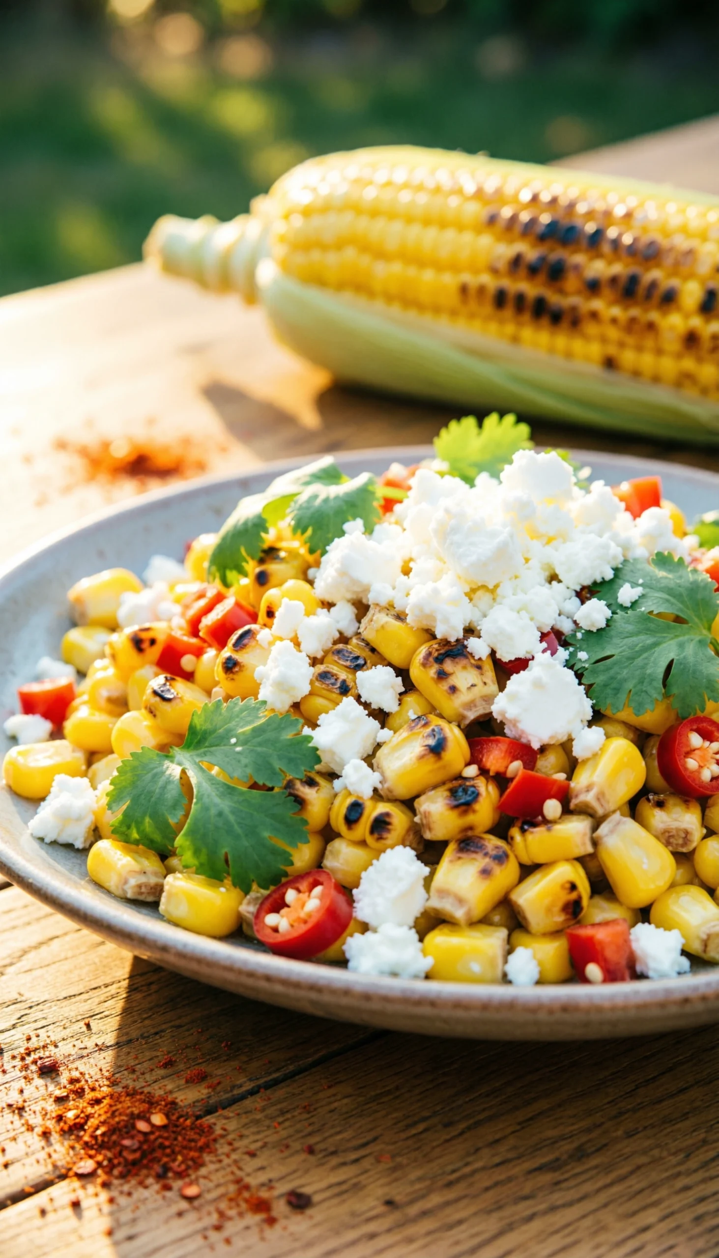Summer corn salad featuring grilled kernels, cotija cheese, and spicy jalapeños in a bowl on a rustic wooden table.
