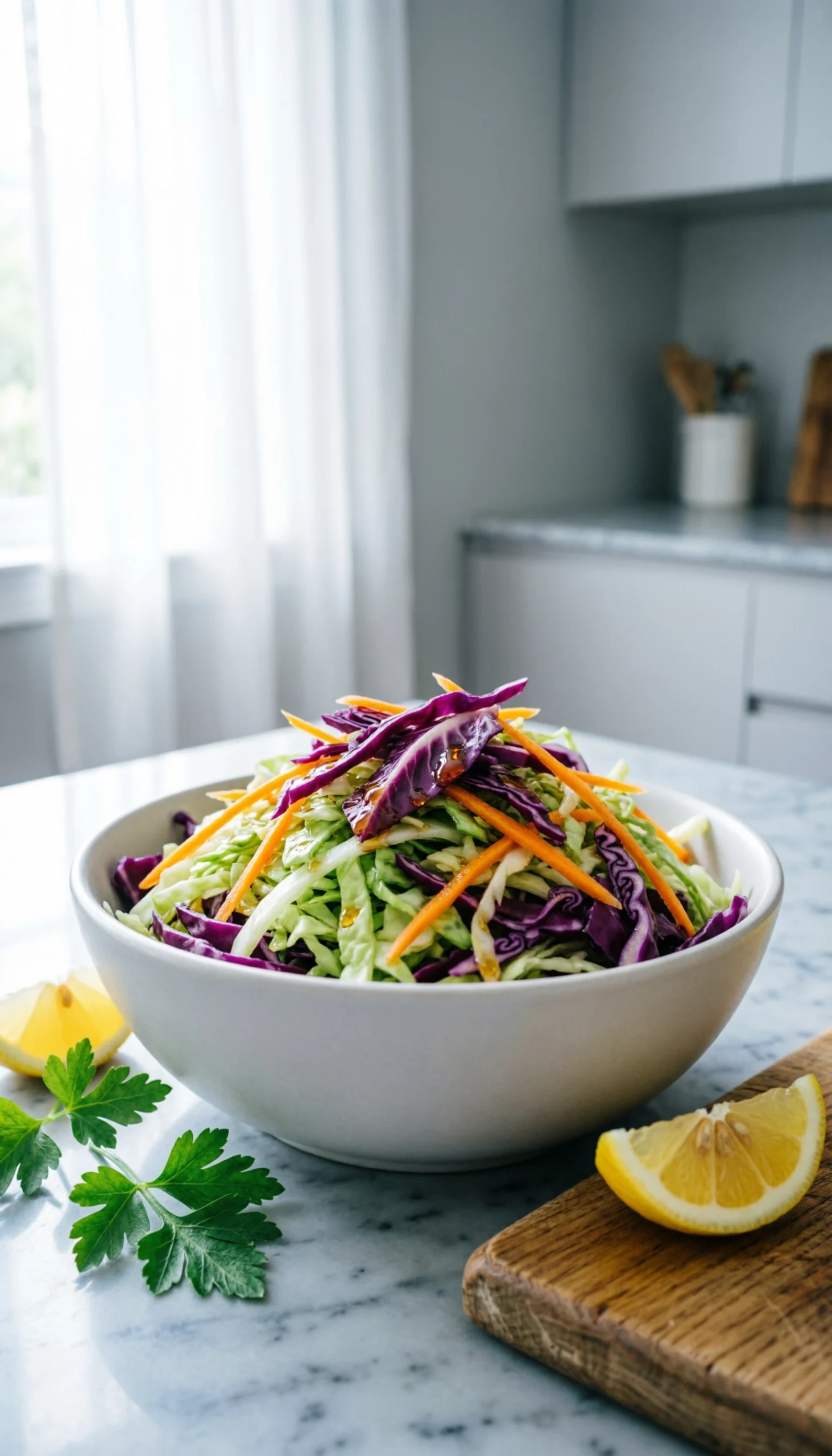 Tangy vinegar coleslaw with green and purple cabbage and carrots in a ceramic bowl on a white marble countertop.