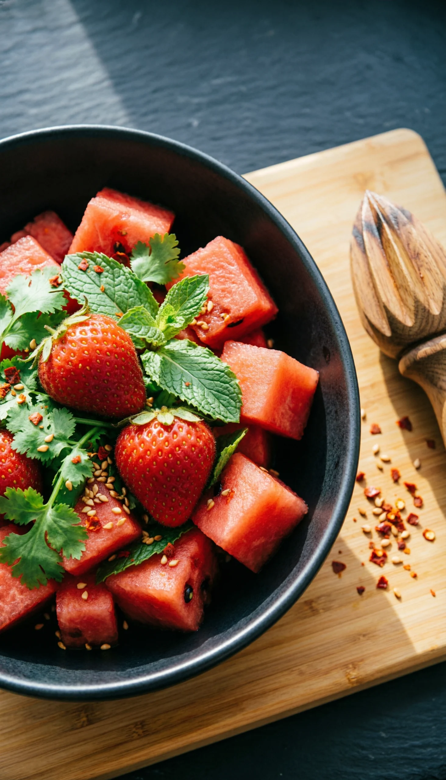 Thai-inspired spicy watermelon salad with berries, chili flakes, and fresh cilantro in a dark ceramic bowl.