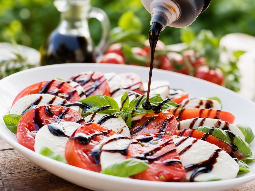 Thick balsamic glaze drizzles elegantly from a squeeze bottle onto a fresh caprese salad of mozzarella, tomatoes, and basil.