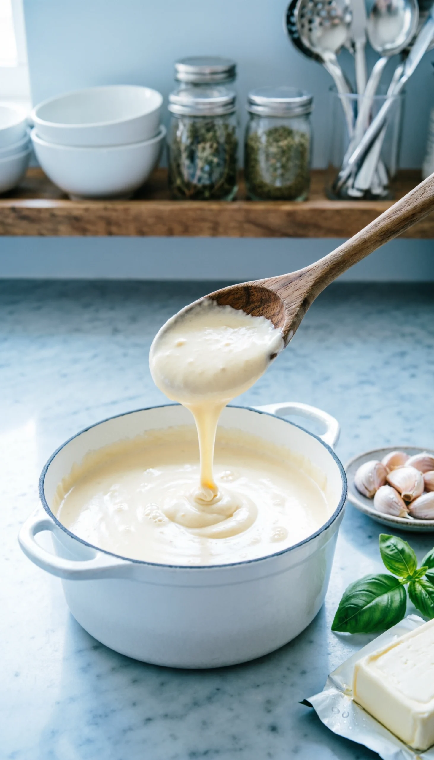 Thick cream cheese Alfredo sauce cascading from a wooden spoon into a white enamel pot on a marble countertop flat lay.