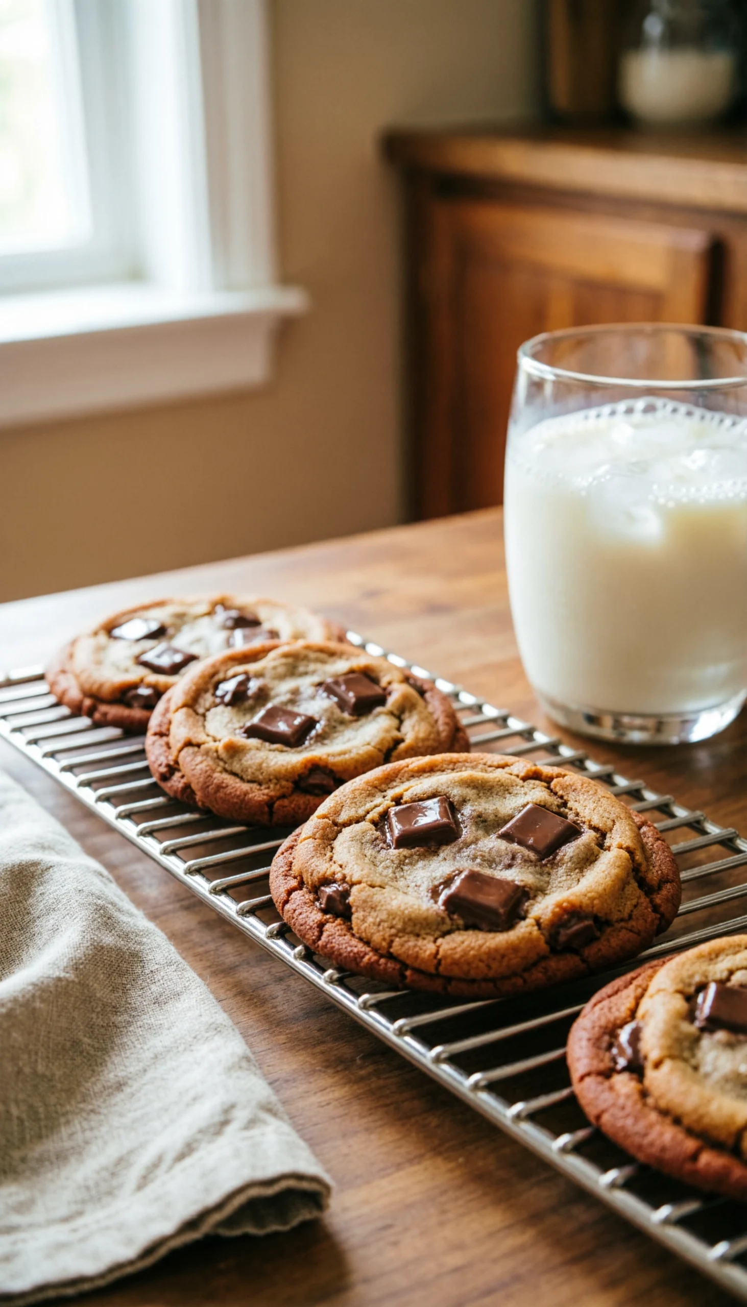 Thick gourmet cookies with molten chocolate chunks cooling on a stainless steel wire rack on a rustic wooden table.