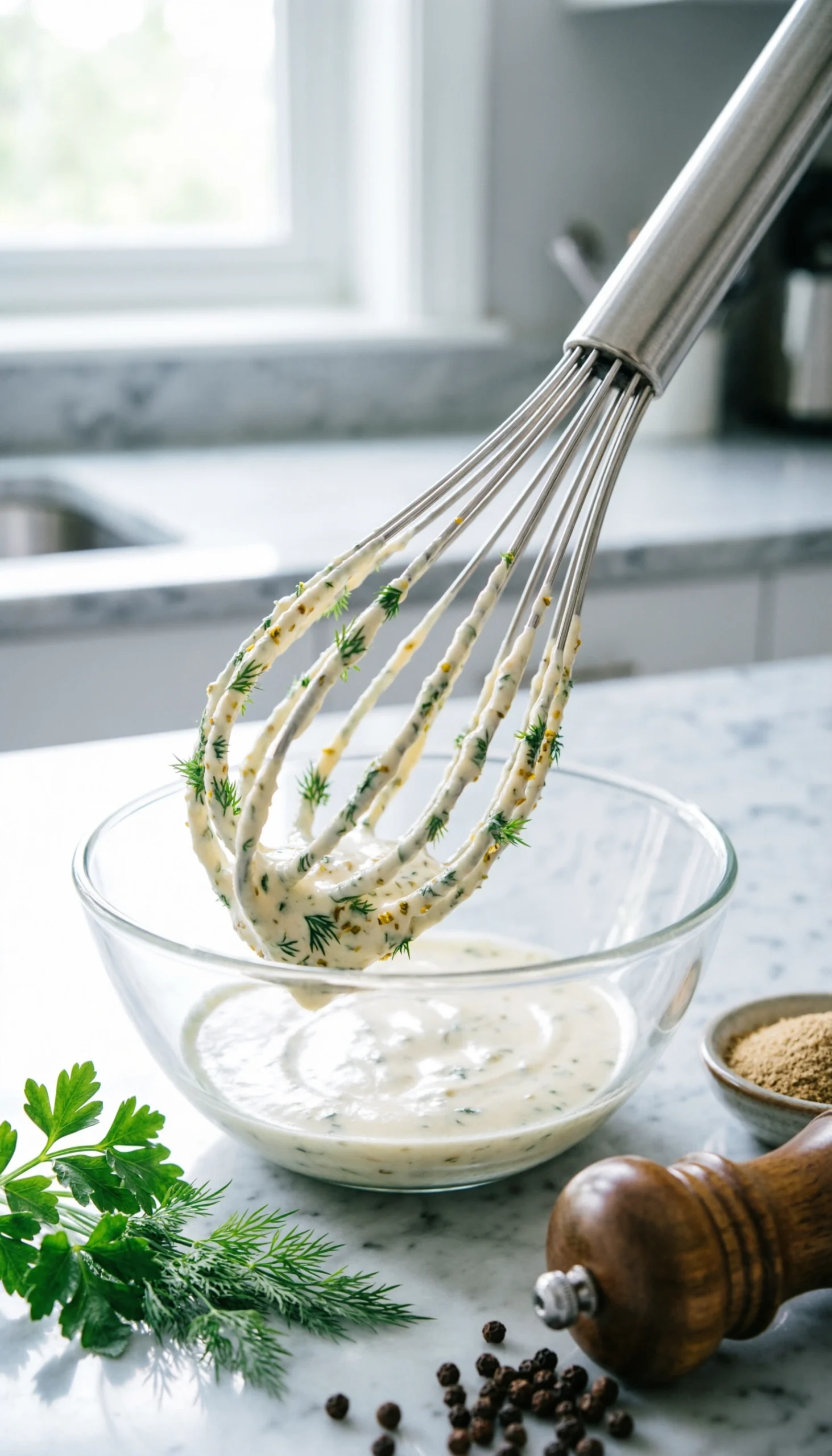 Thick herb-speckled homemade ranch dressing being whisked in a glass bowl on a clean marble kitchen surface.