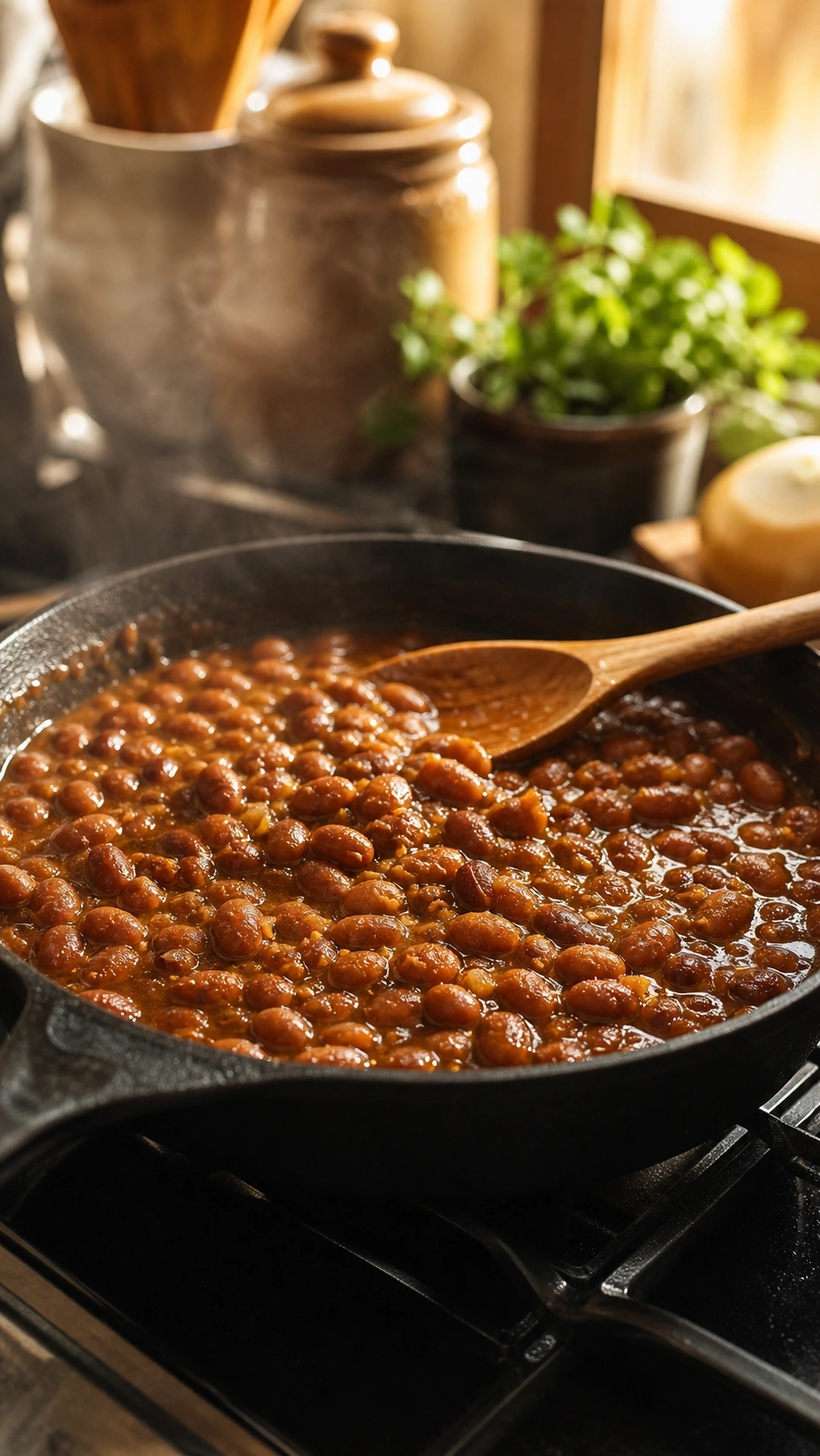 Thick, rich baked beans bubbling and simmering in a cast iron pan with gentle steam in a warm kitchen setting.
