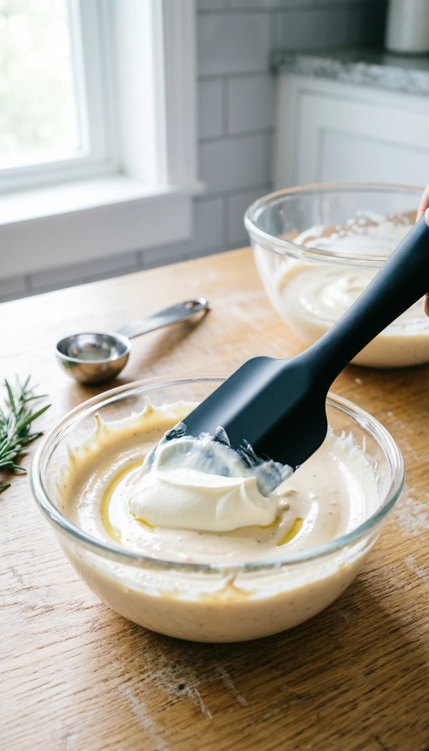Thick sour cream being folded into a creamy dressing base with a silicone spatula in a clear glass bowl.