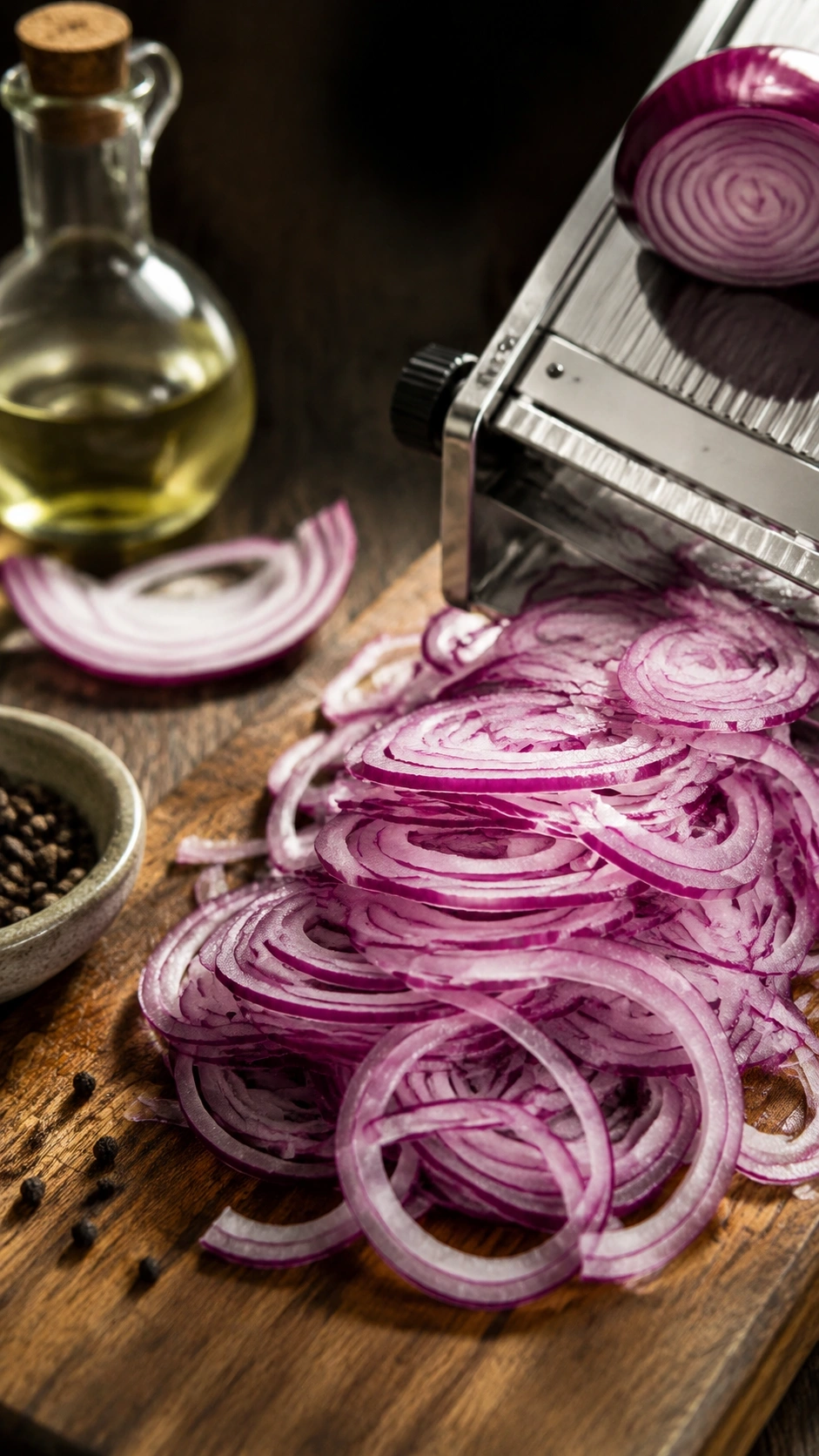 Thin purple-red onion slivers rest on a rustic wooden board next to a stainless steel mandoline slicer in a moody kitchen.