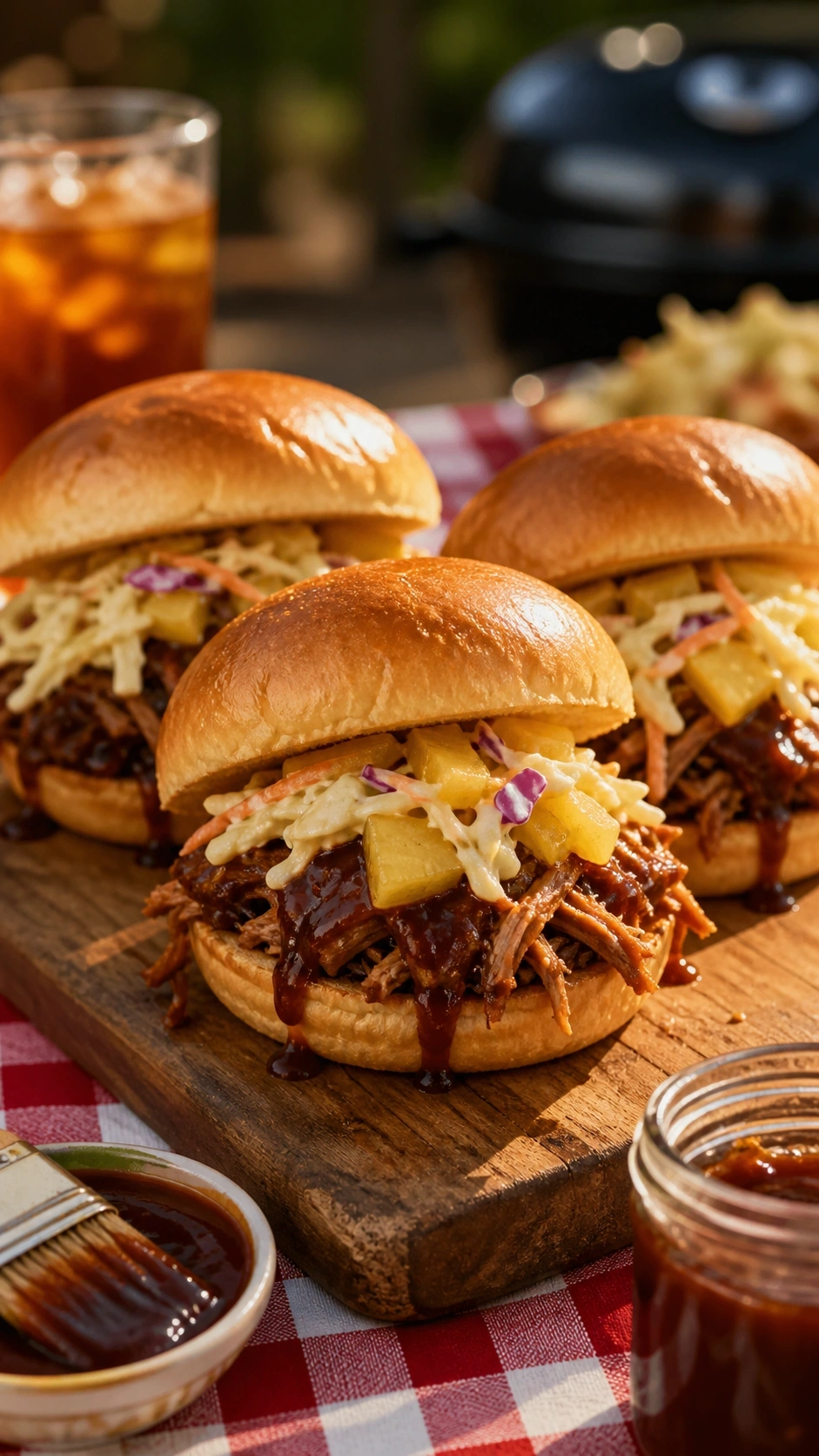 Three pulled pork sliders with creamy pineapple coleslaw on brioche buns served on a rustic wooden cutting board.