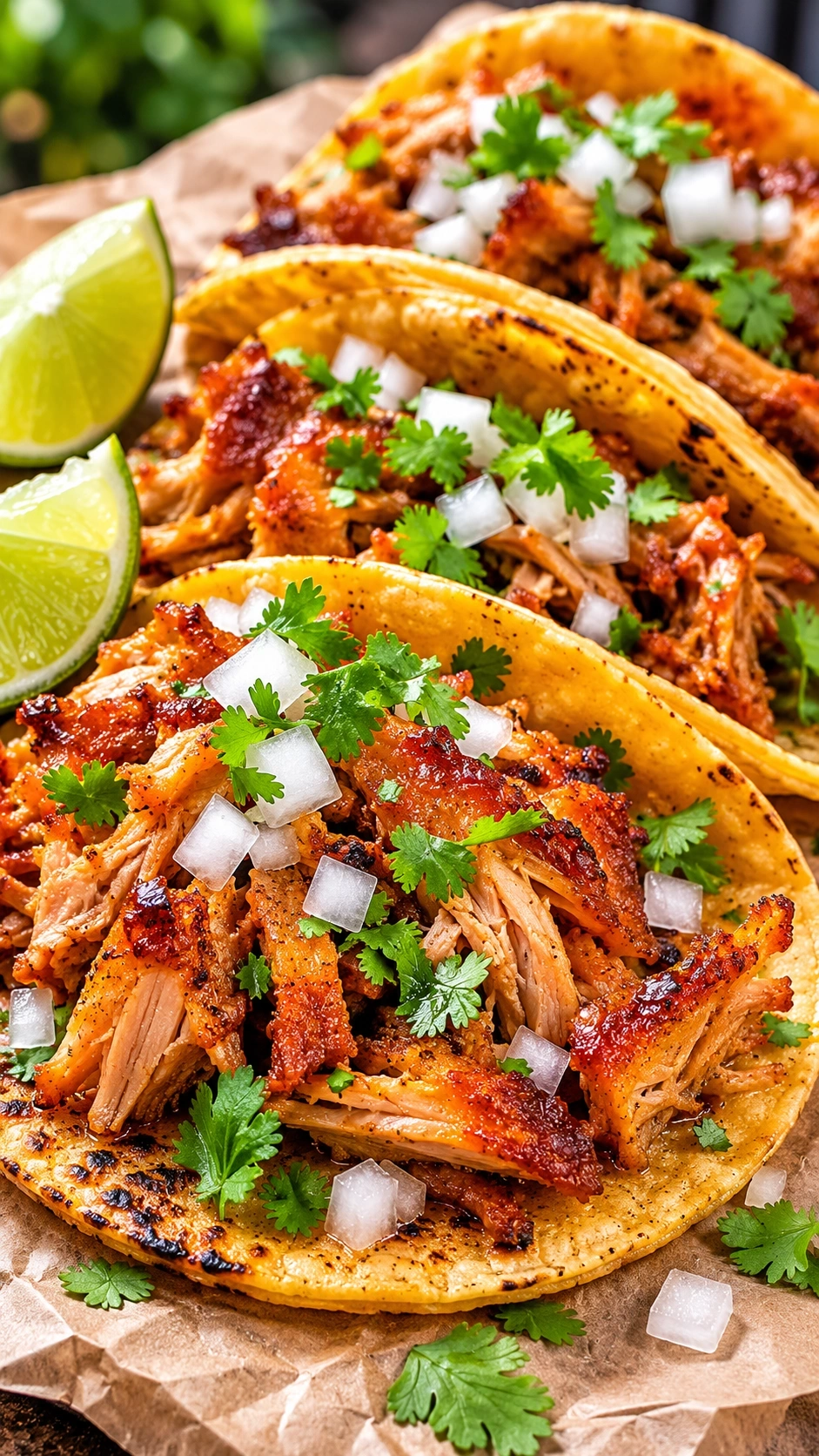 Three turkey carnitas tacos on corn tortillas with onions, cilantro, and lime served on rustic parchment paper.