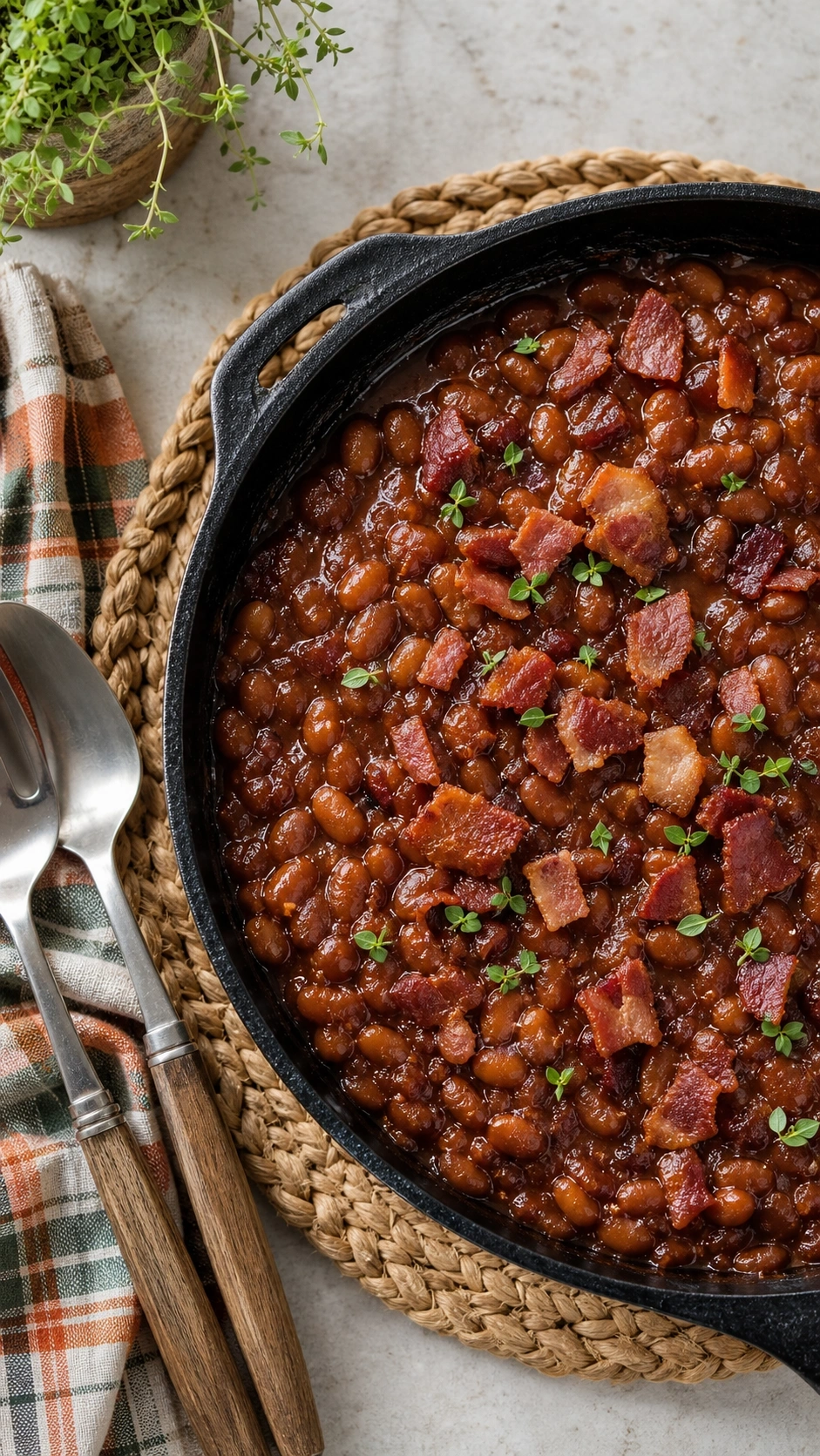 Top-down flat lay of finished baked beans topped with crispy bacon and herbs in a skillet with a plaid napkin.