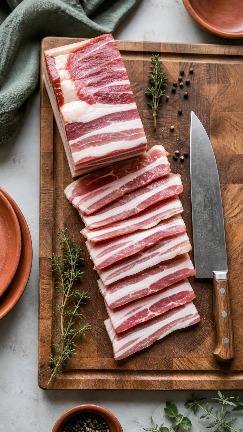 Top-down flat lay of marbled thick-cut raw bacon strips being sliced on a wooden butcher block with a chef’s knife.