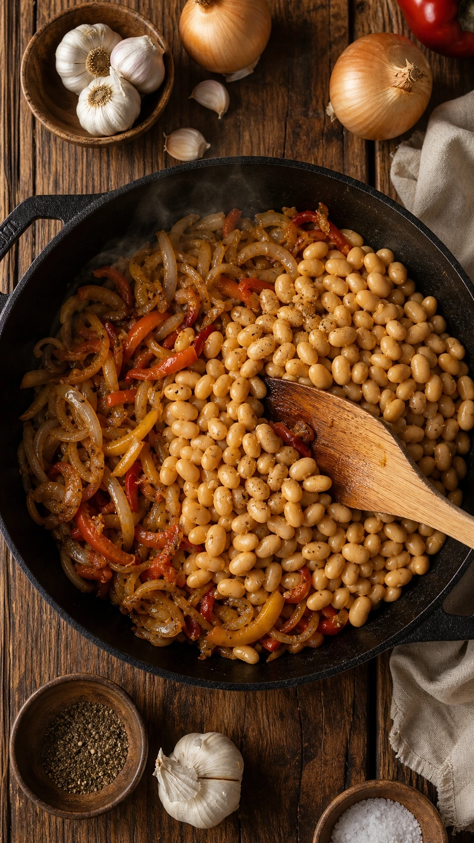 Top-down flat lay of navy beans mixed with sautéed onions and peppers in a rustic skillet on a wooden table.