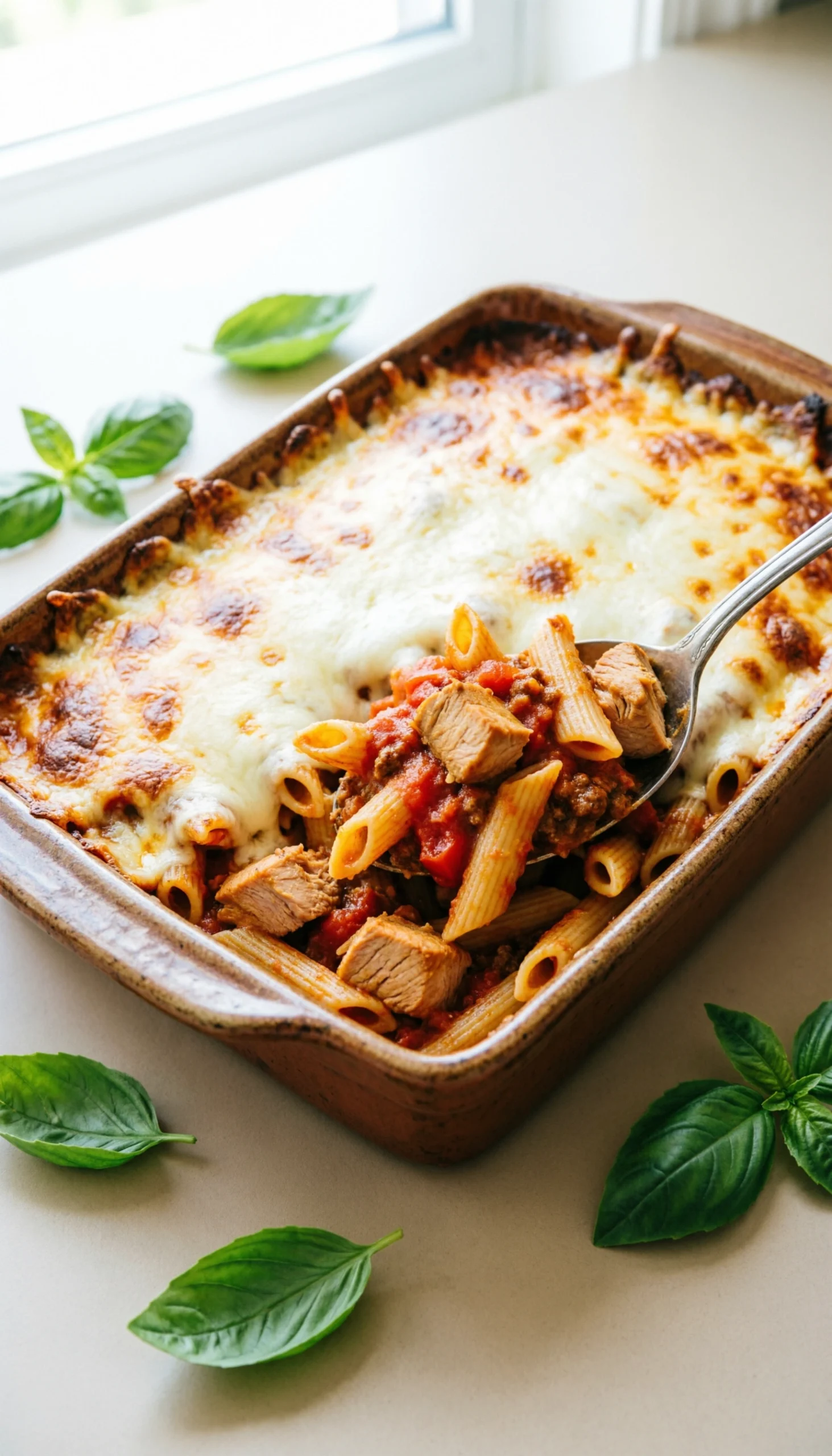 Top-down view of a cheesy turkey pasta bake with penne and marinara sauce topped with melted mozzarella and parmesan.