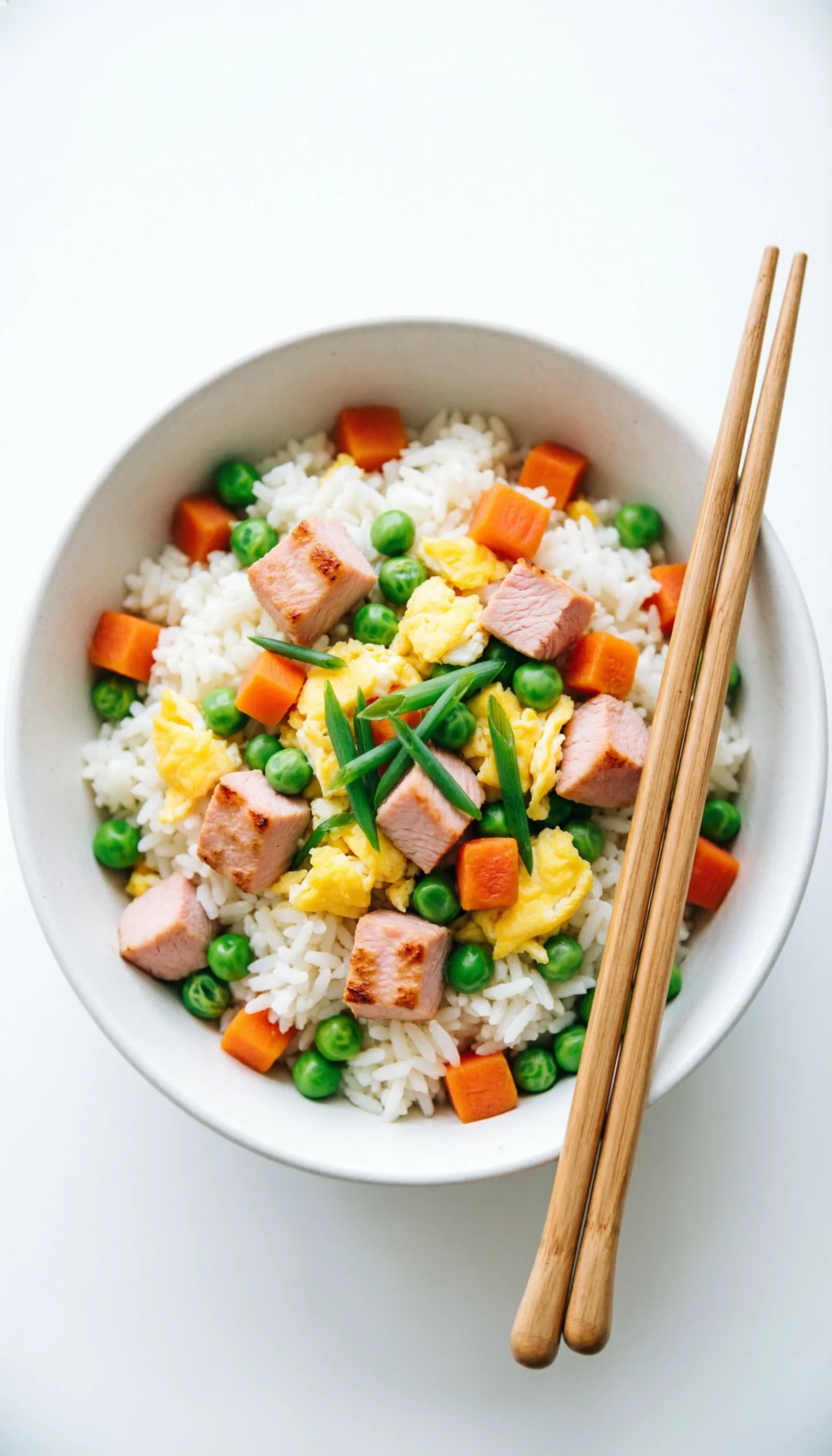 Top-down view of a vibrant bowl of turkey fried rice with peas, carrots, and eggs on a minimalist white background.