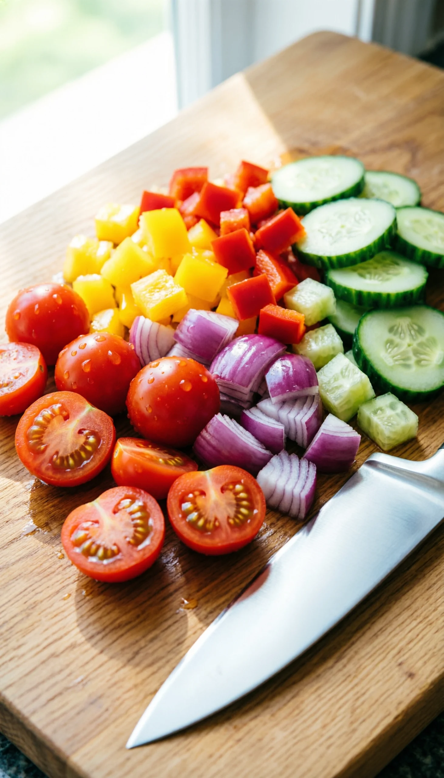 Top-down view of chopped cherry tomatoes, bell peppers, and cucumbers on a wooden cutting board with a chef’s knife.