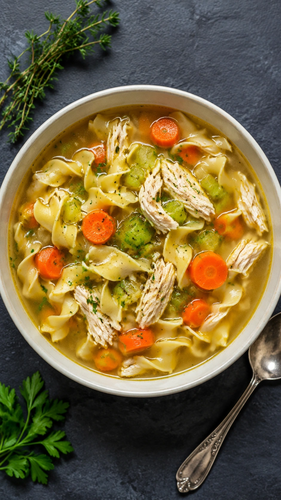 Top-down view of hearty turkey noodle soup with wide egg noodles and fresh vegetables in a clear broth on a dark slate.