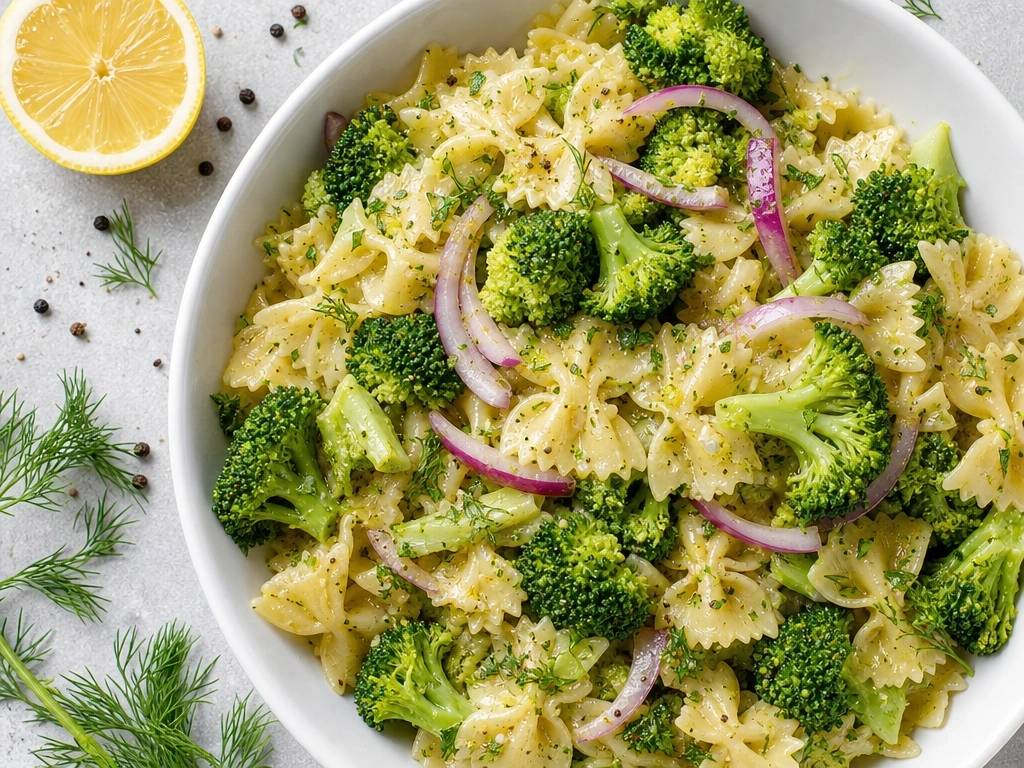 Top-down view of lemon herb broccoli pasta salad with farfalle and red onion on a light gray stone surface with dill.