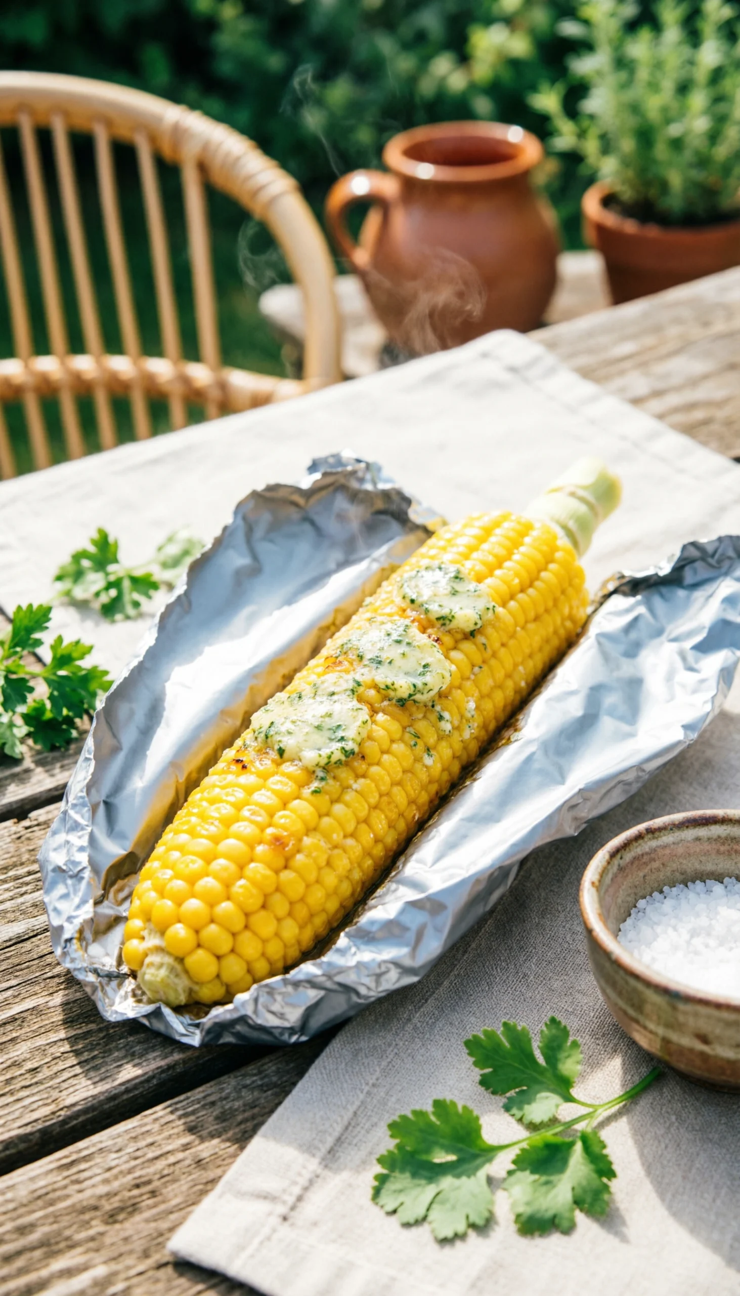 Top-down view of steaming grilled sweet corn in foil, drenched in herb butter with chili flakes on a rustic picnic table.