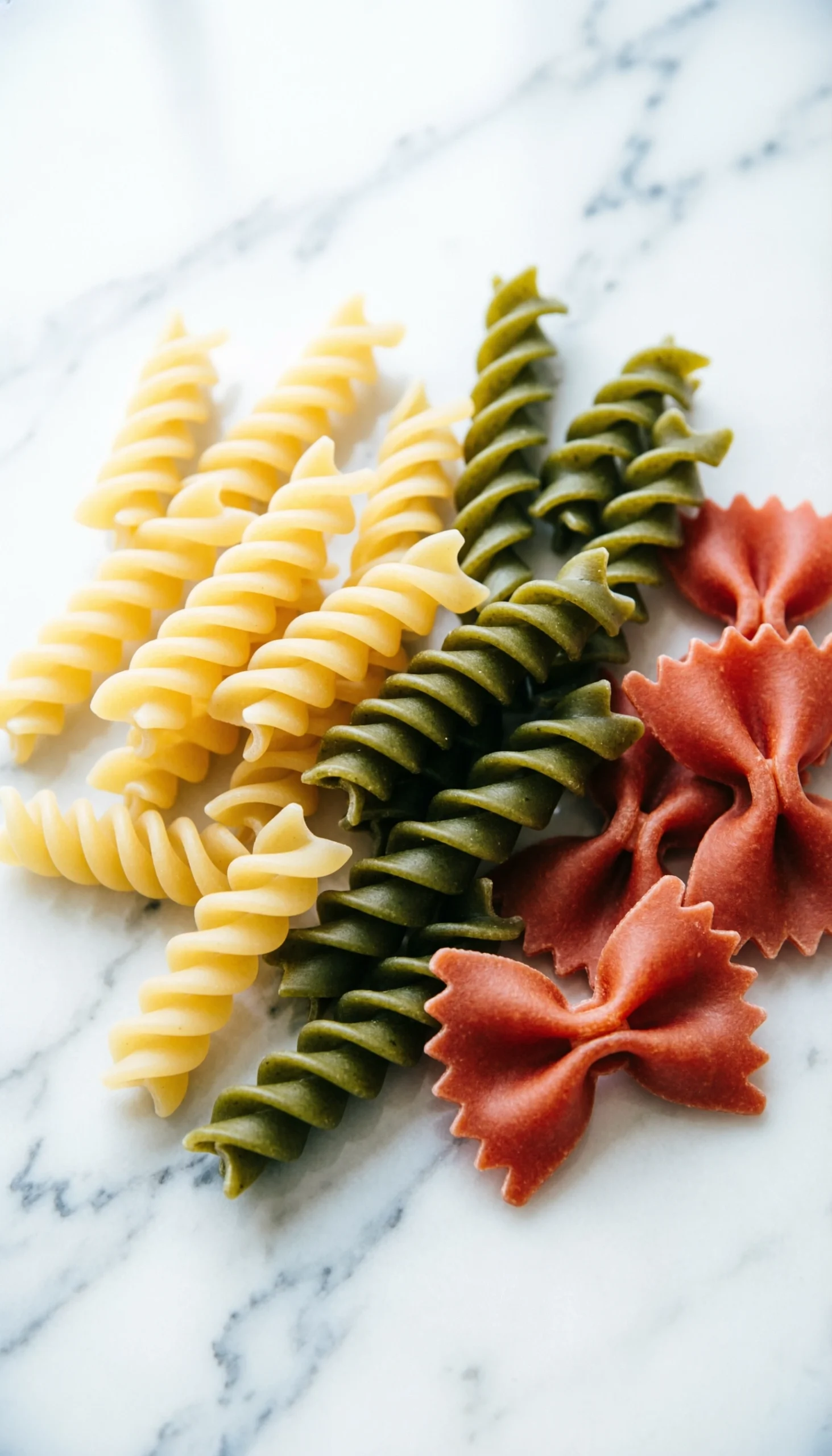 Top-down view of tri-color rotini, fusilli, and farfalle pasta medley on a white marble countertop lifestyle background.