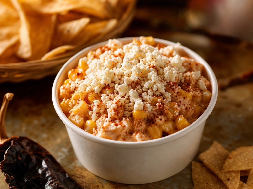 Torchy’s style Mexican street corn with roasted kernels, pink creamy sauce, ancho chili, and queso fresco in a serving cup.