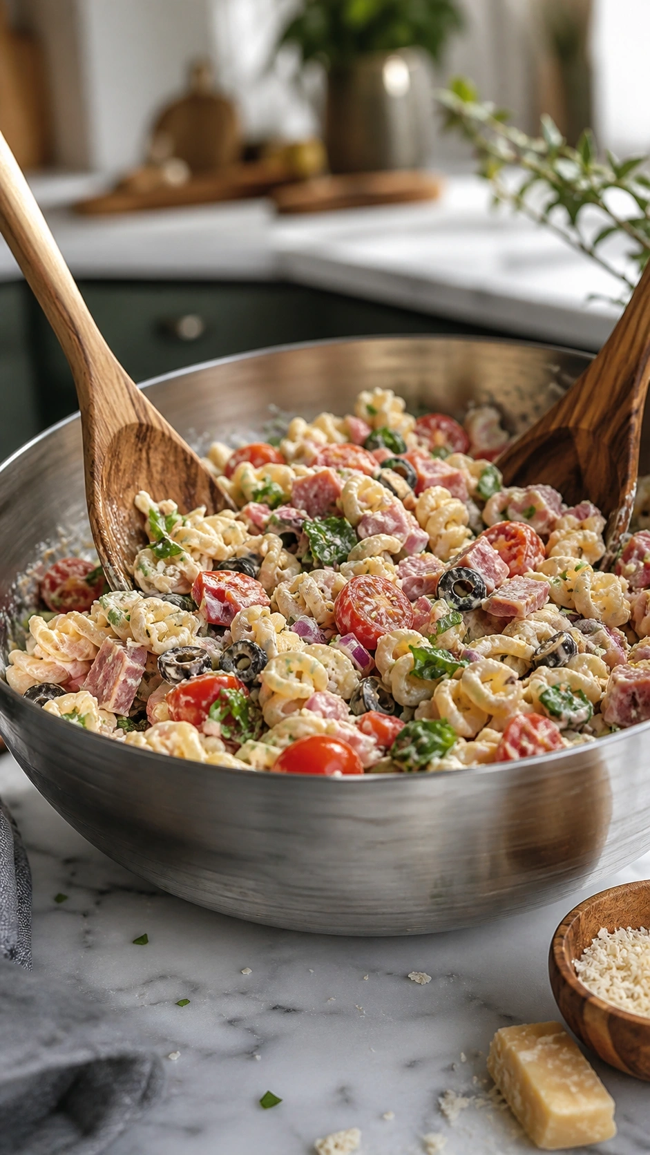 Tossing a vibrant Italian pasta salad with creamy dressing in a large stainless steel bowl using wooden servers.