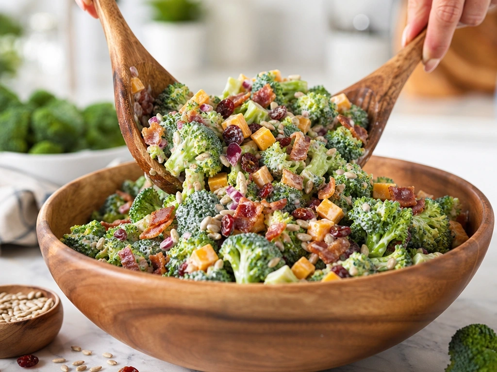 Tossing fresh broccoli salad with bacon and cranberries using wooden servers in a bowl on a marble counter.