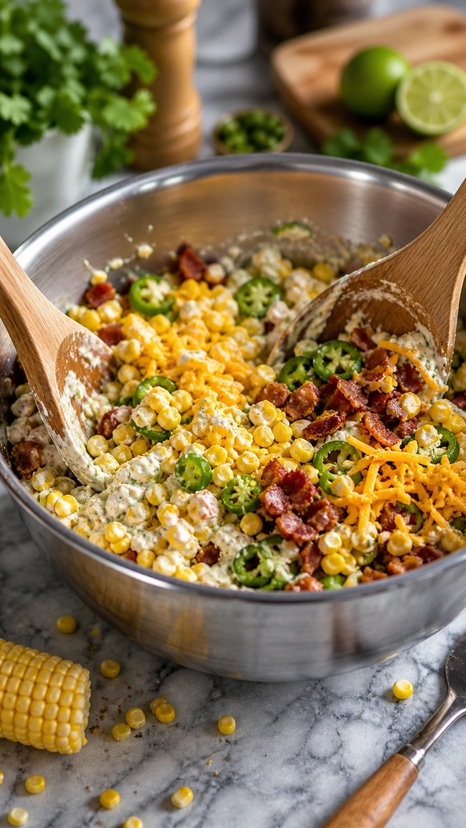 Tossing fresh corn, bacon, and jalapeños in a large stainless steel bowl with wooden salad servers on marble.