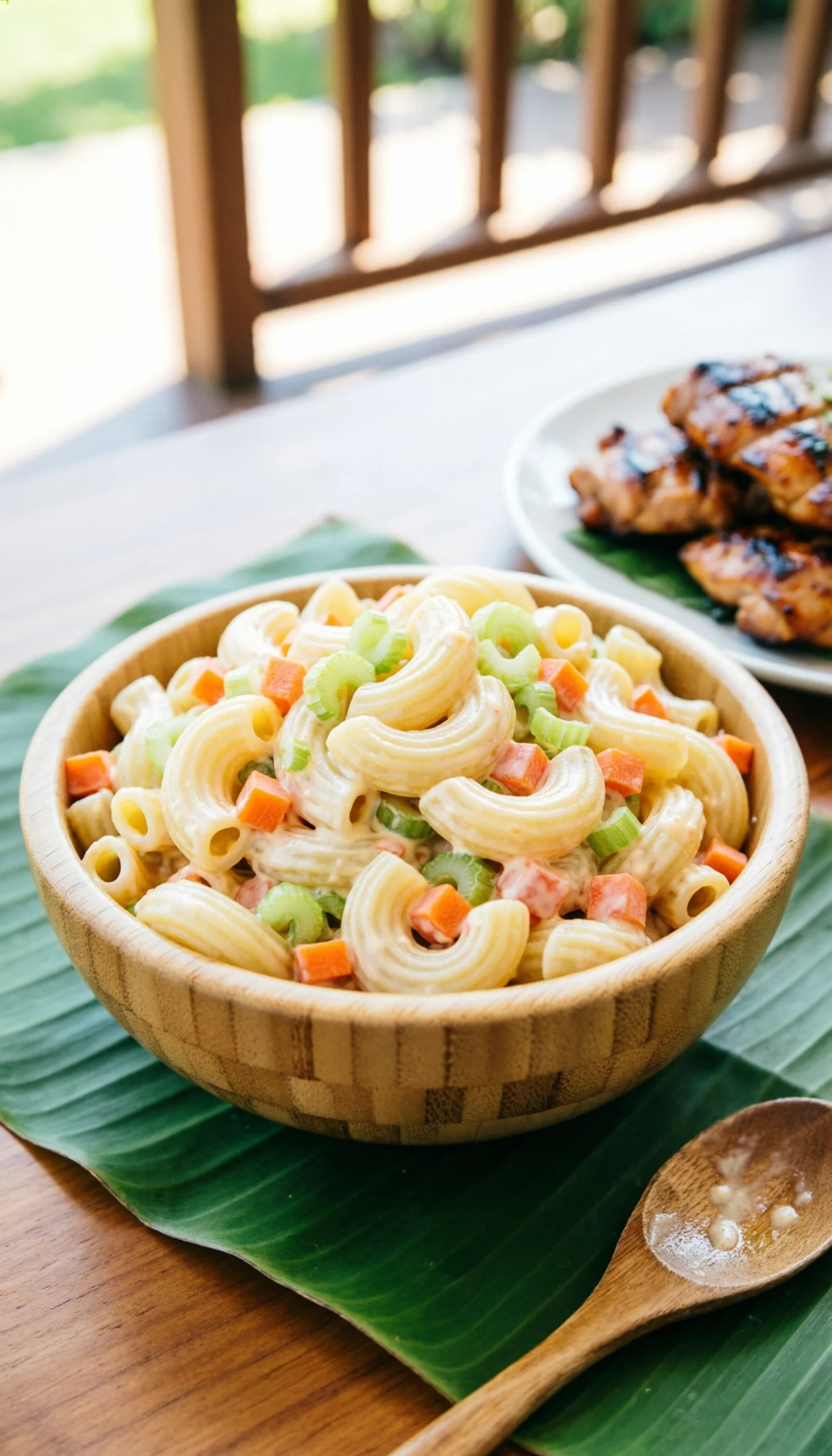 Traditional Hawaiian macaroni salad with creamy dressing and grated carrots in a bamboo bowl on a tropical banana leaf.