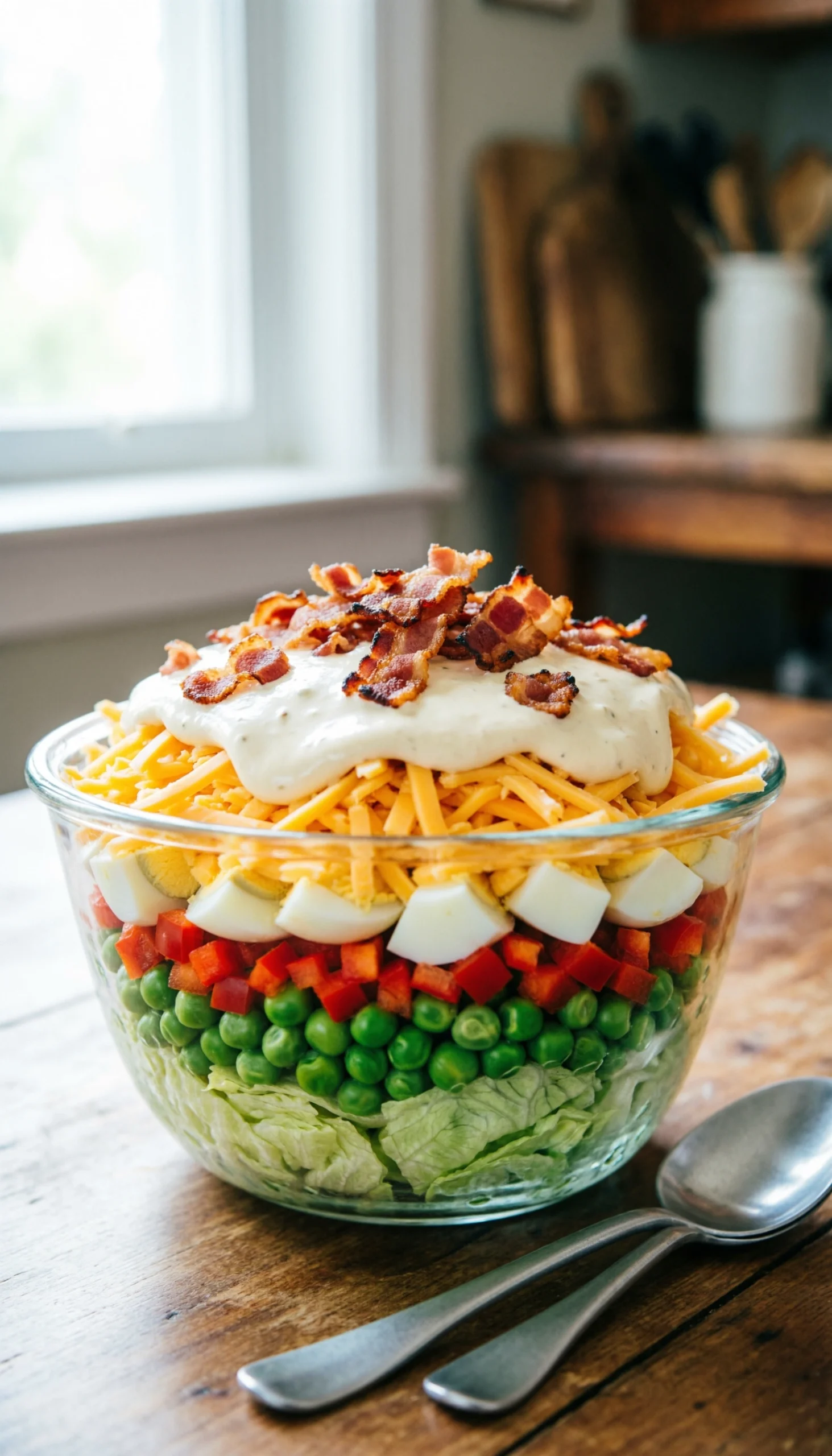 Traditional seven-layer salad in a glass trifle bowl showing vibrant layers of peas, cheddar cheese, and bacon.