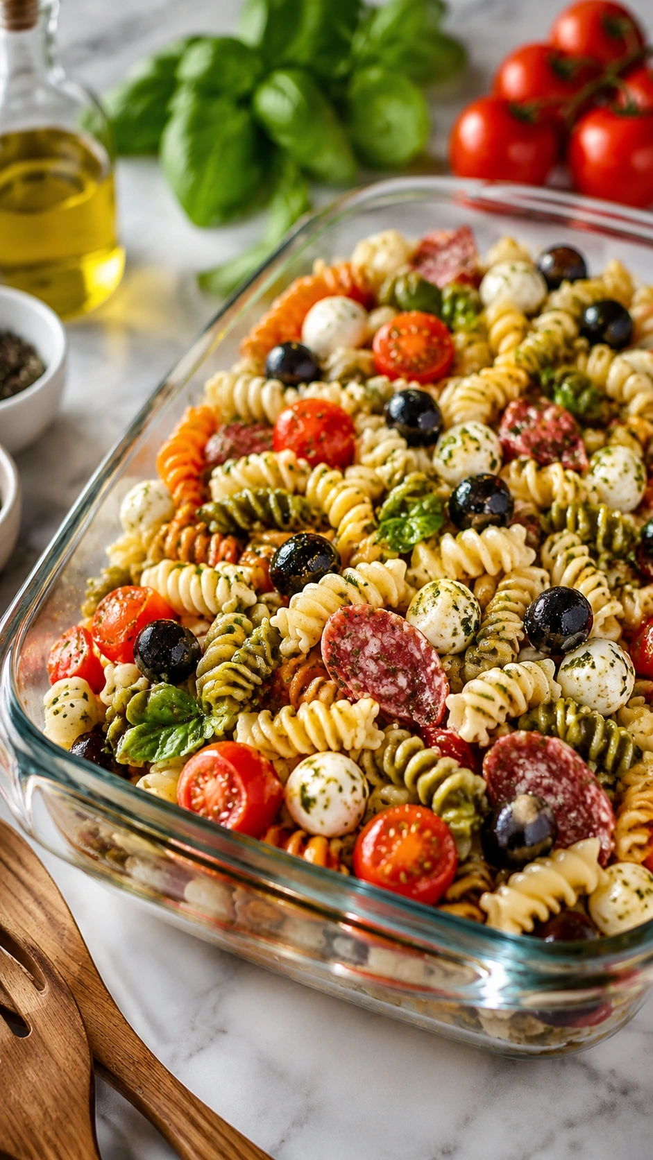 Tri-color Italian pasta salad with rotini, olives, mozzarella, and salami in a glass bowl on a marble counter.