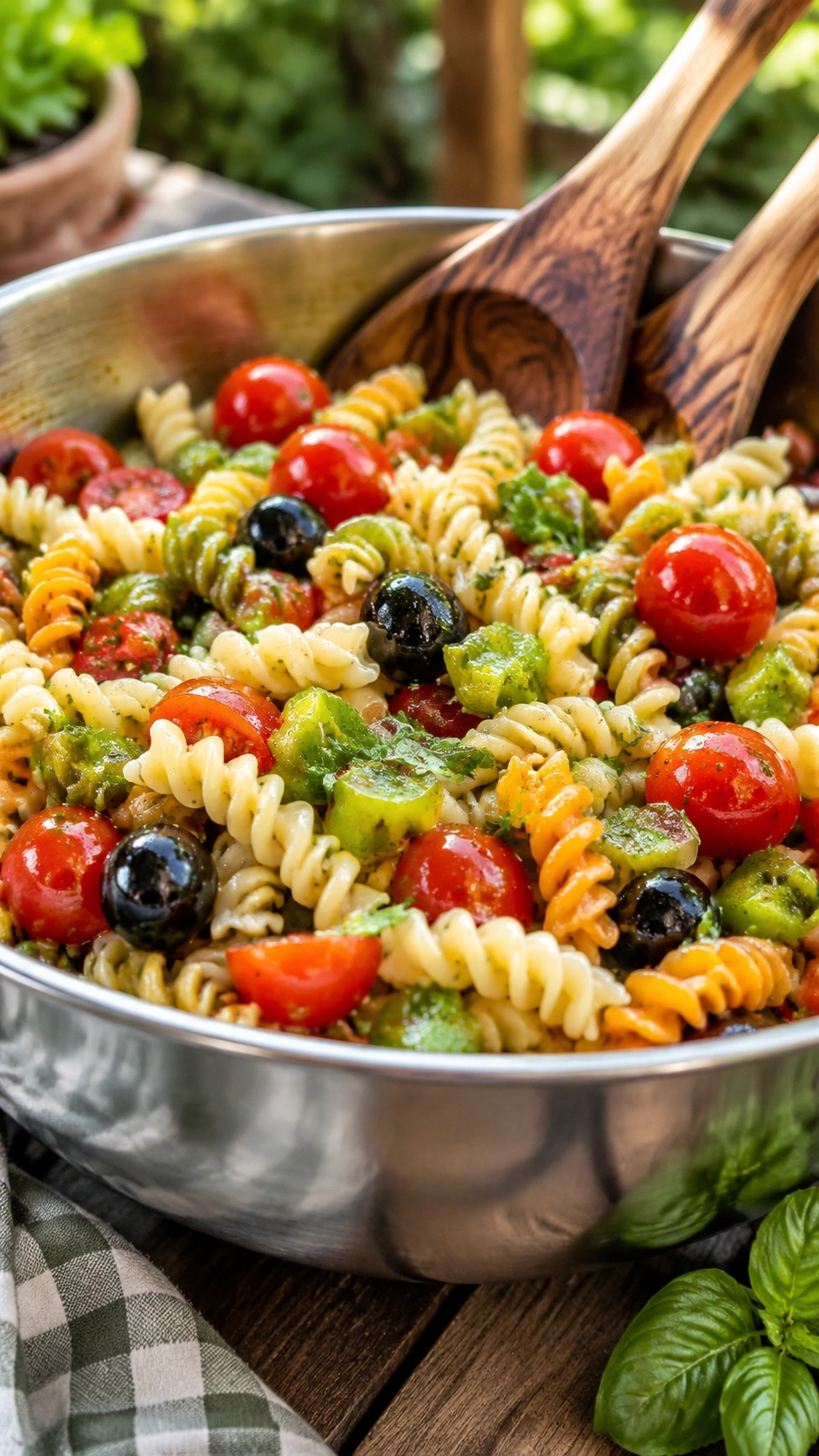 Tricolor rotini Italian pasta salad with cherry tomatoes and olives in a steel bowl on a rustic picnic table.