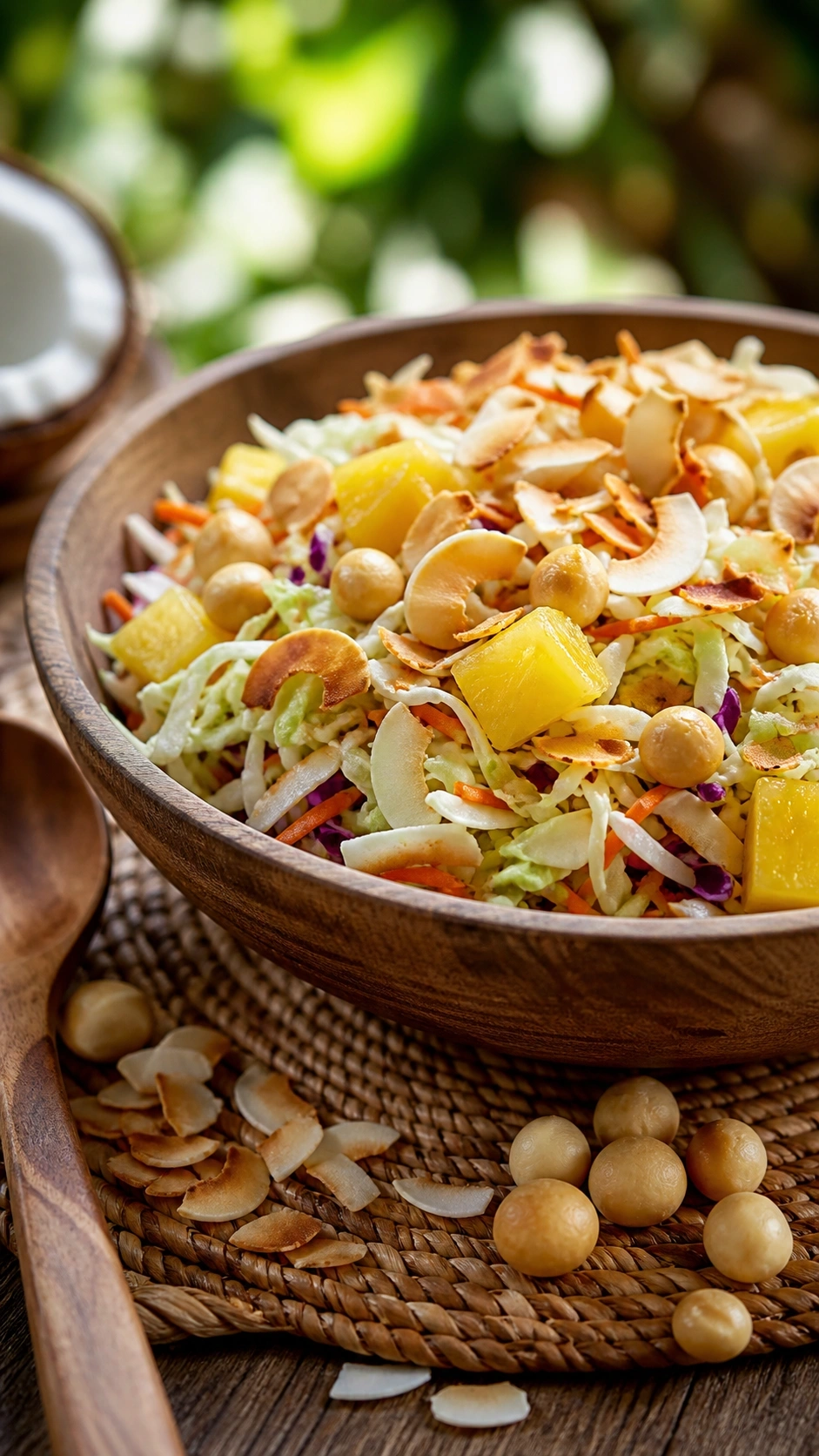 Tropical macadamia nut and coconut crunch slaw with toasted toppings and pineapple served in a bamboo wooden bowl.