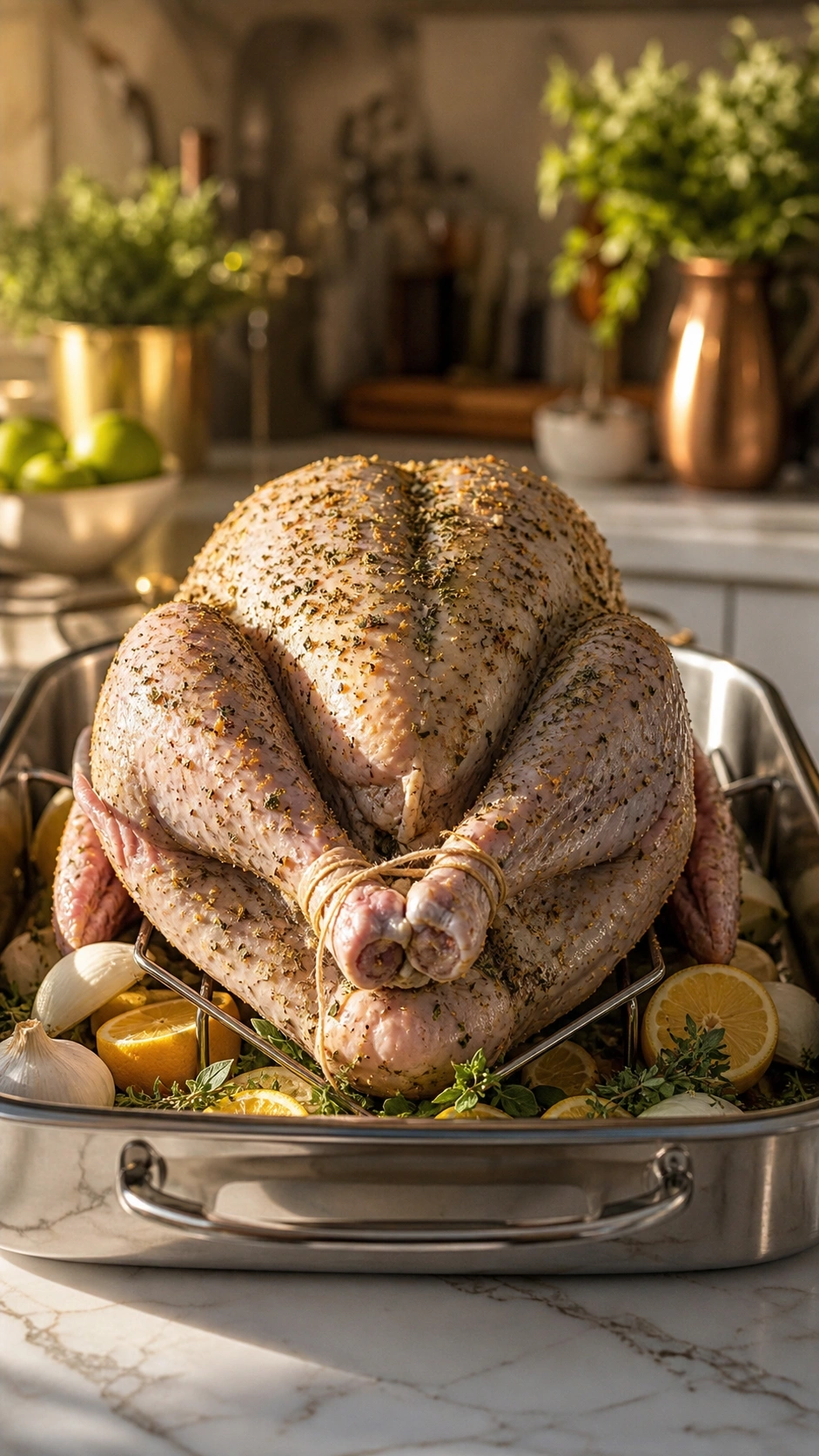 Trussed Thanksgiving turkey in a stainless steel roasting pan with aromatic garlic, onions, and halved lemons.
