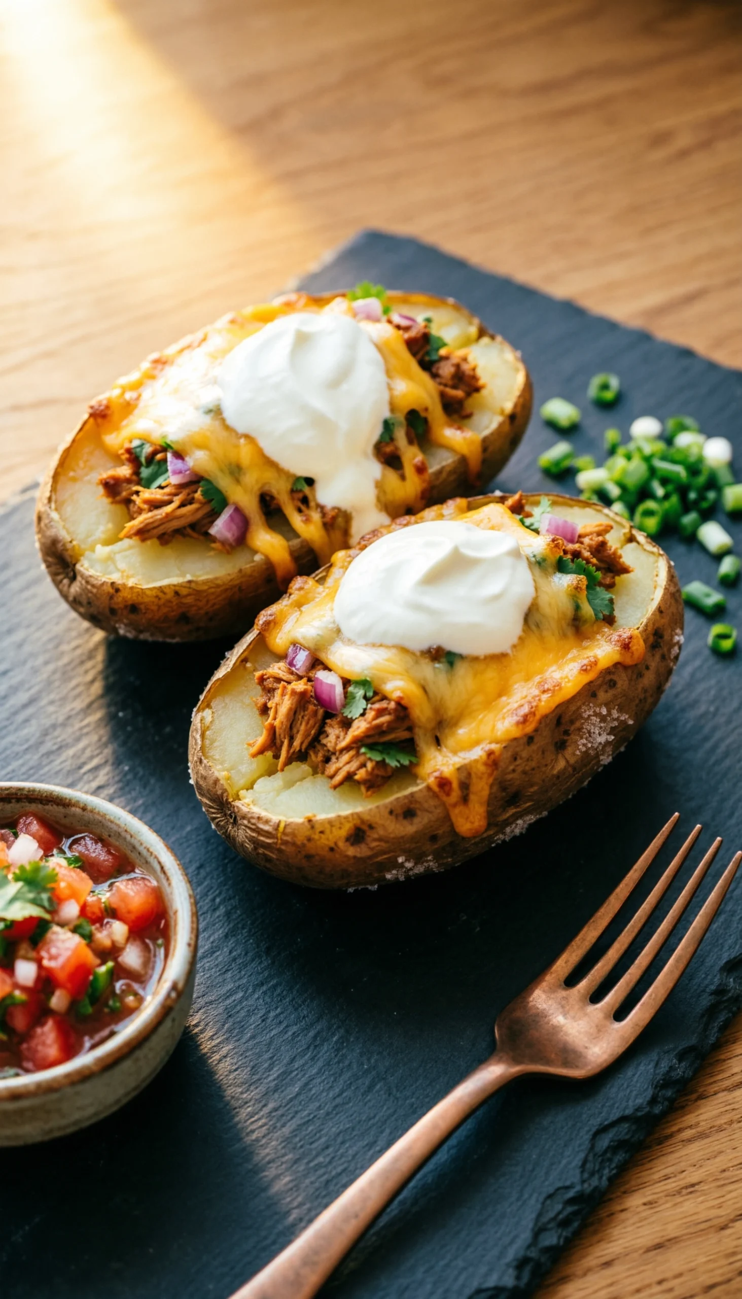 Twice baked Russet potatoes stuffed with taco-spiced ground turkey, melted cheddar cheese, and creamy sour cream.
